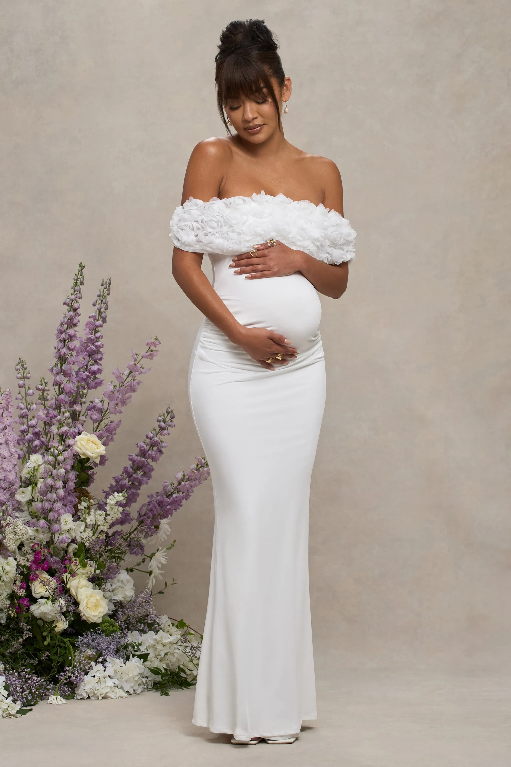 Inflorescence | White Mesh Floral Bardot Maternity Maxi Dress