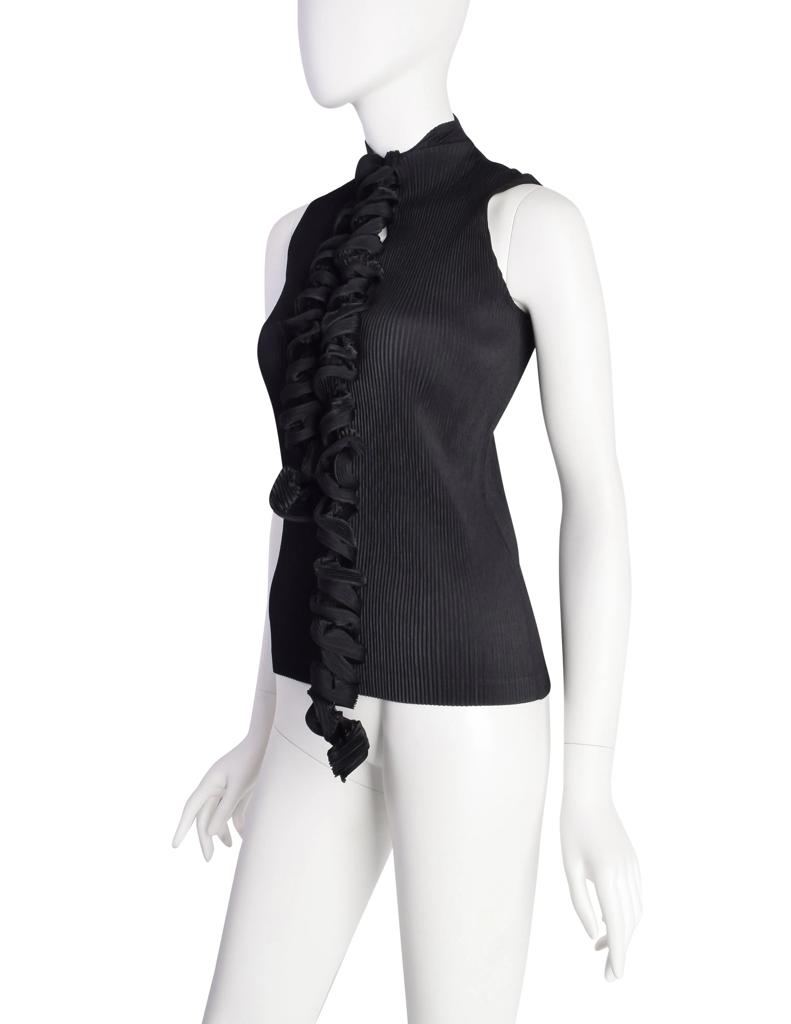 Issey Miyake Fete Vintage Black Pleated Tank Top with Curly Tie