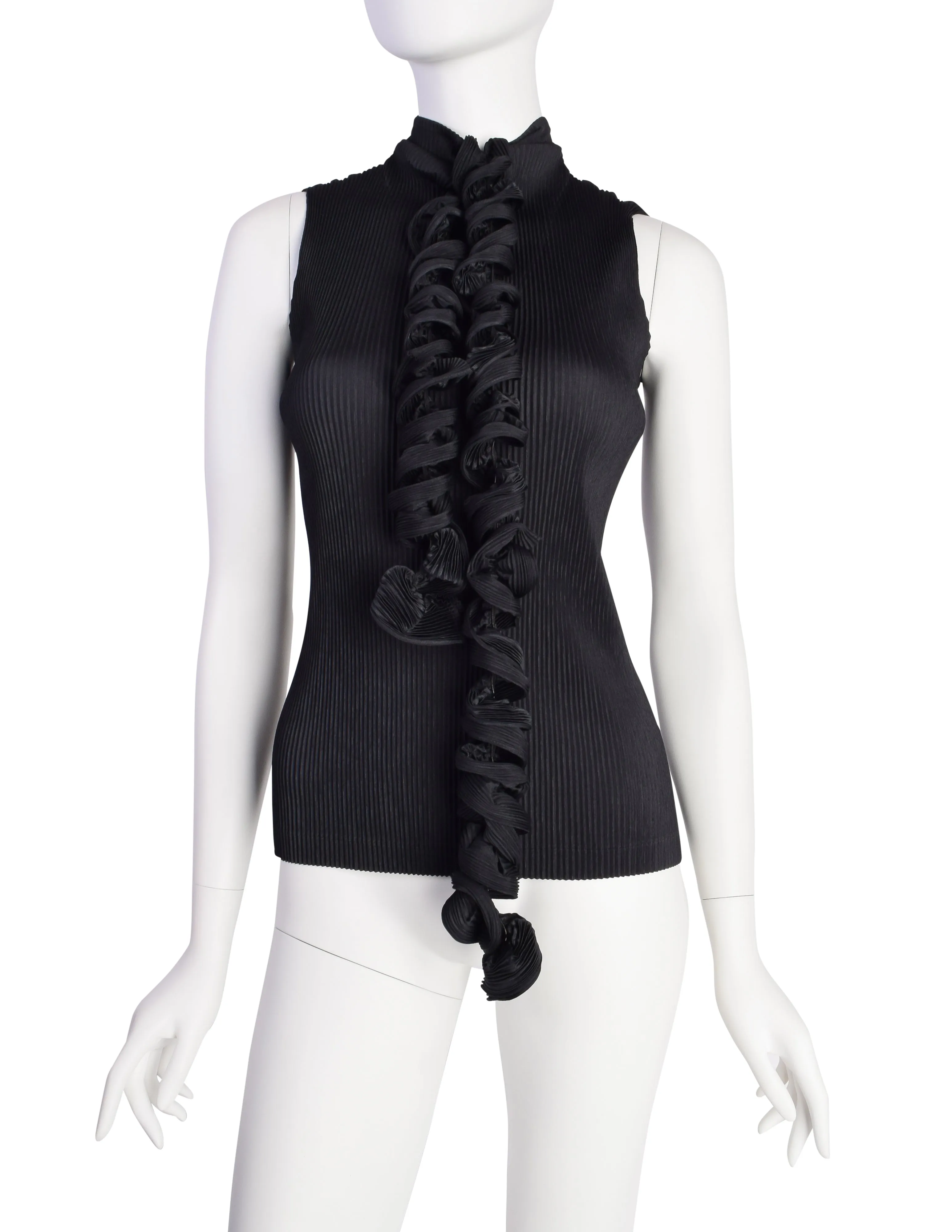 Issey Miyake Fete Vintage Black Pleated Tank Top with Curly Tie