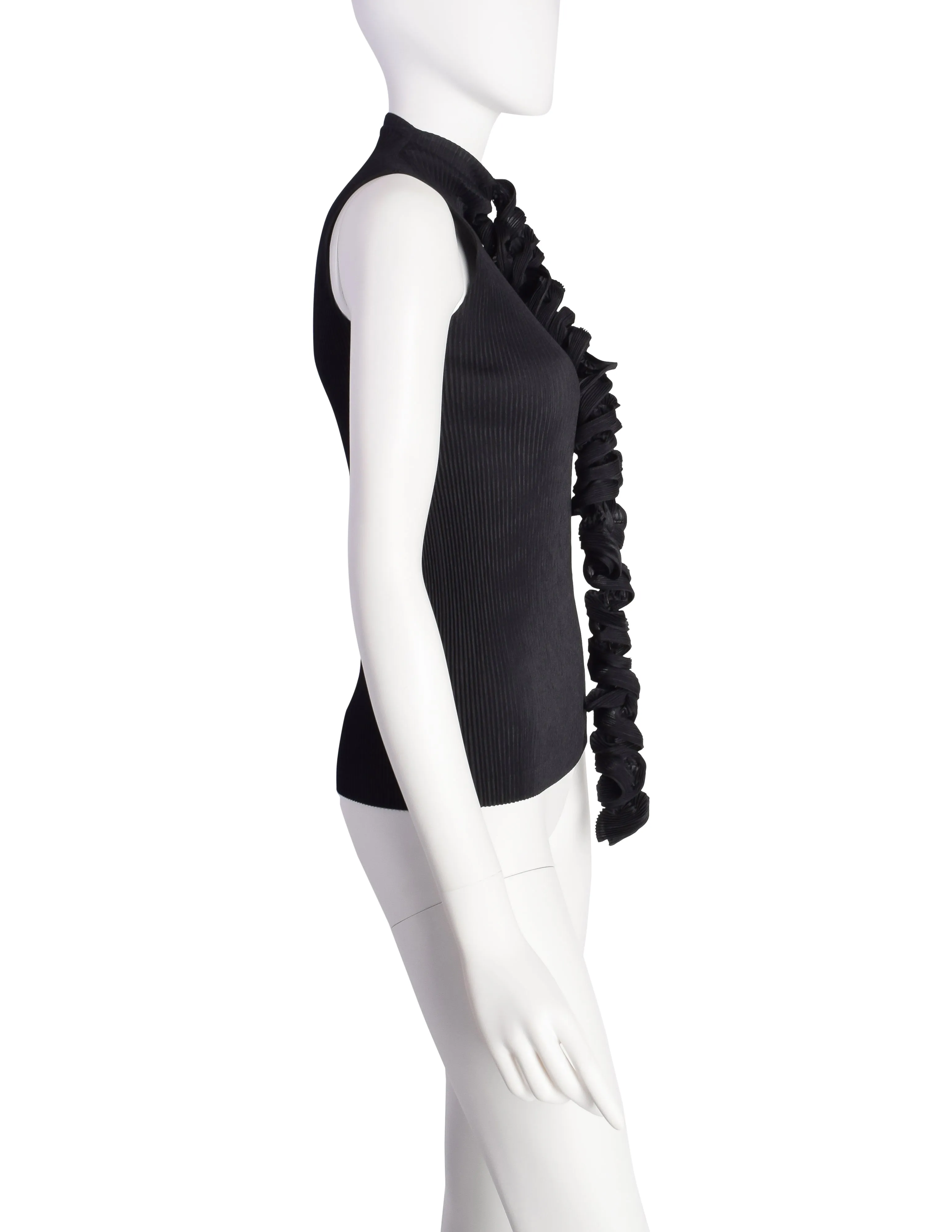 Issey Miyake Fete Vintage Black Pleated Tank Top with Curly Tie