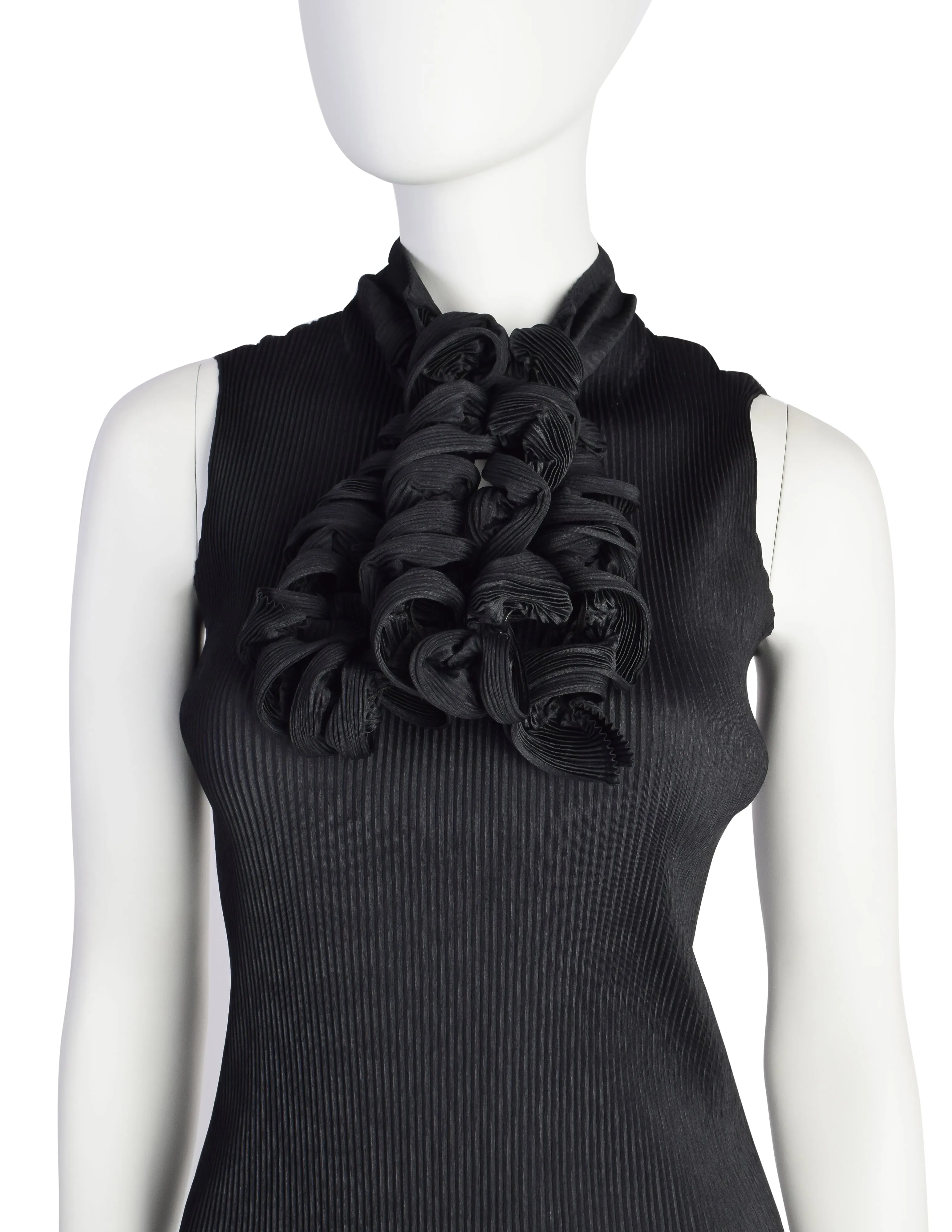 Issey Miyake Fete Vintage Black Pleated Tank Top with Curly Tie