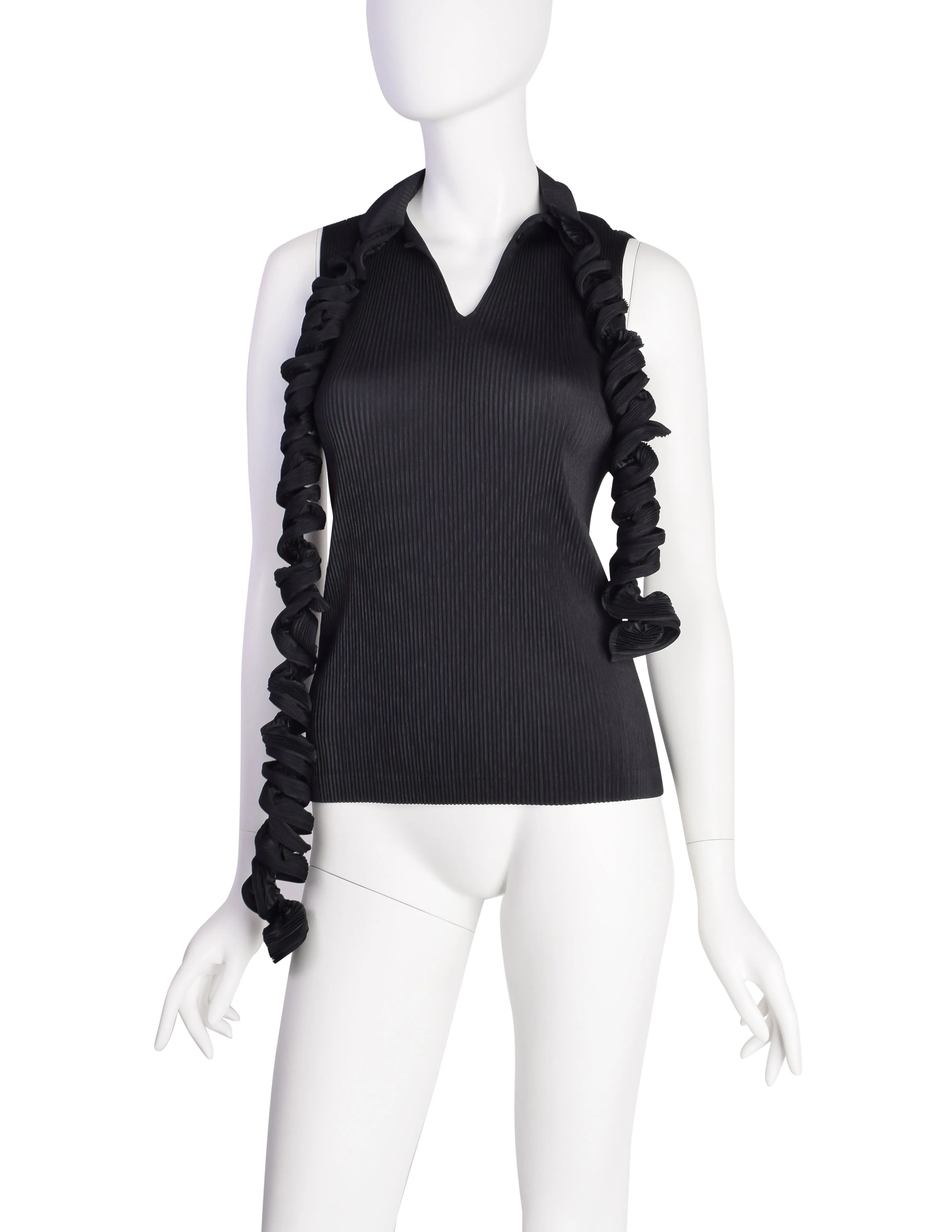 Issey Miyake Fete Vintage Black Pleated Tank Top with Curly Tie