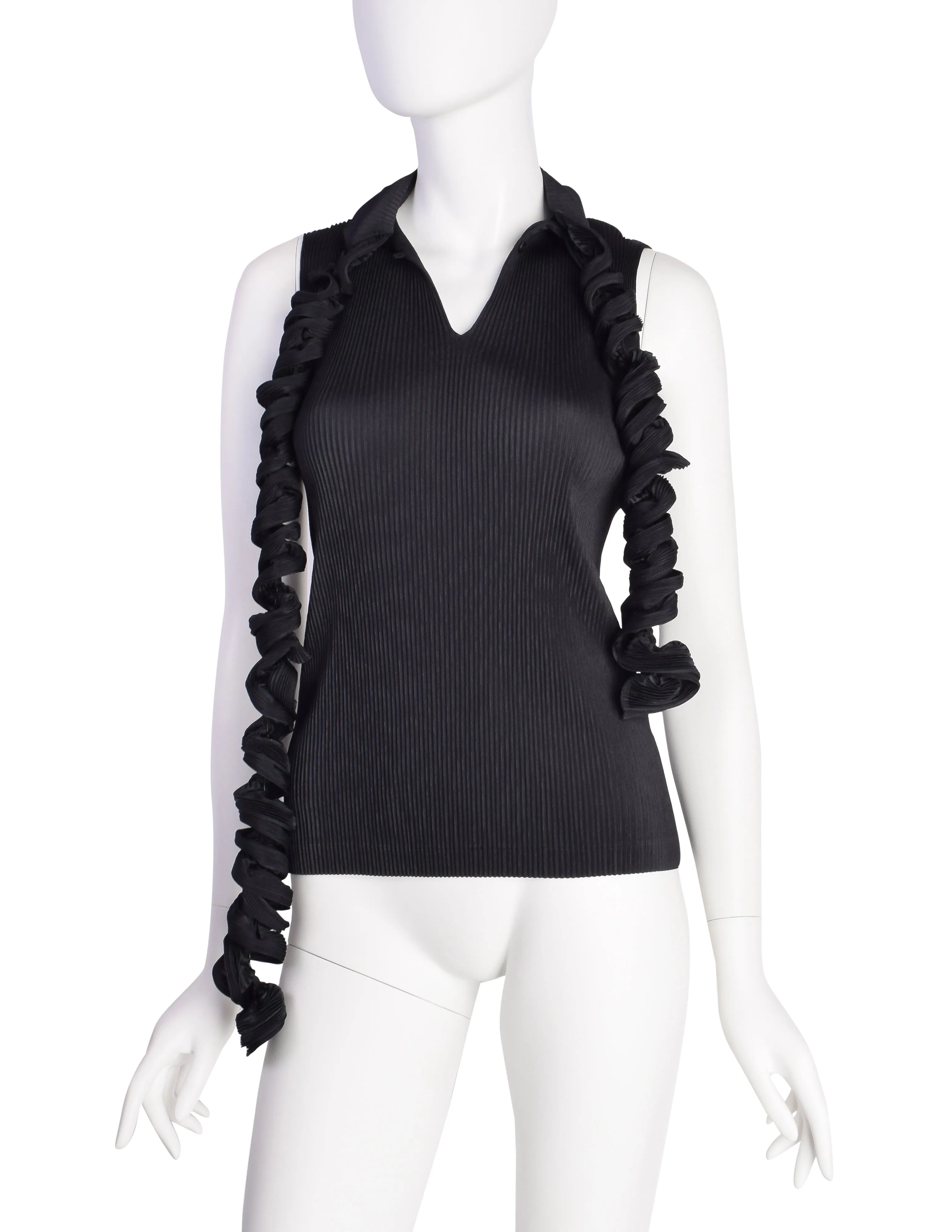 Issey Miyake Fete Vintage Black Pleated Tank Top with Curly Tie