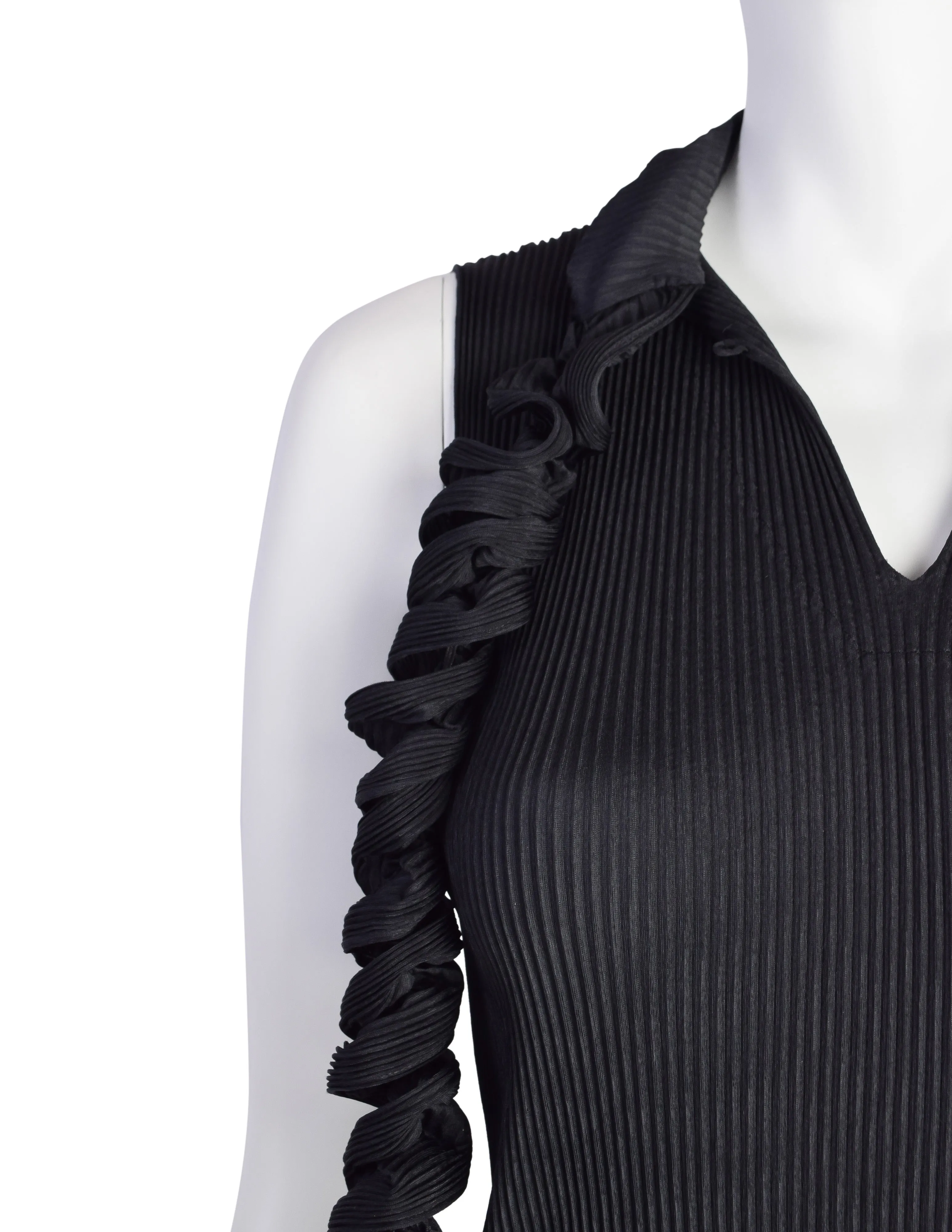 Issey Miyake Fete Vintage Black Pleated Tank Top with Curly Tie