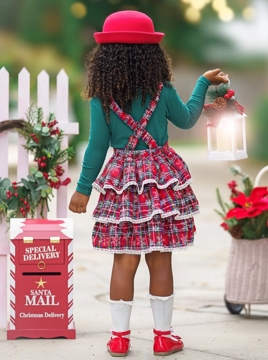 Jingle Belle Chic Turtleneck Top and Plaid Overall Dress