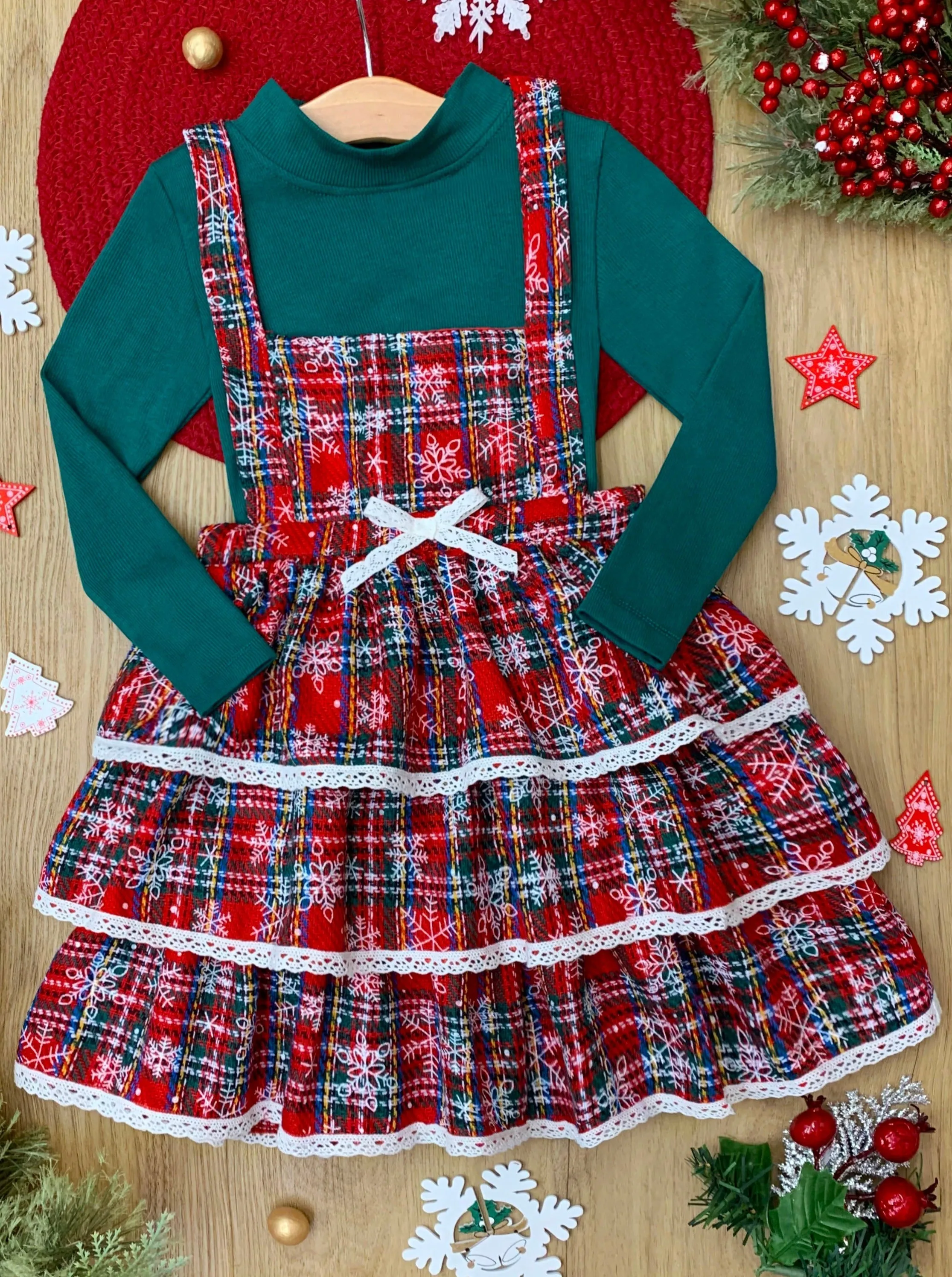 Jingle Belle Chic Turtleneck Top and Plaid Overall Dress