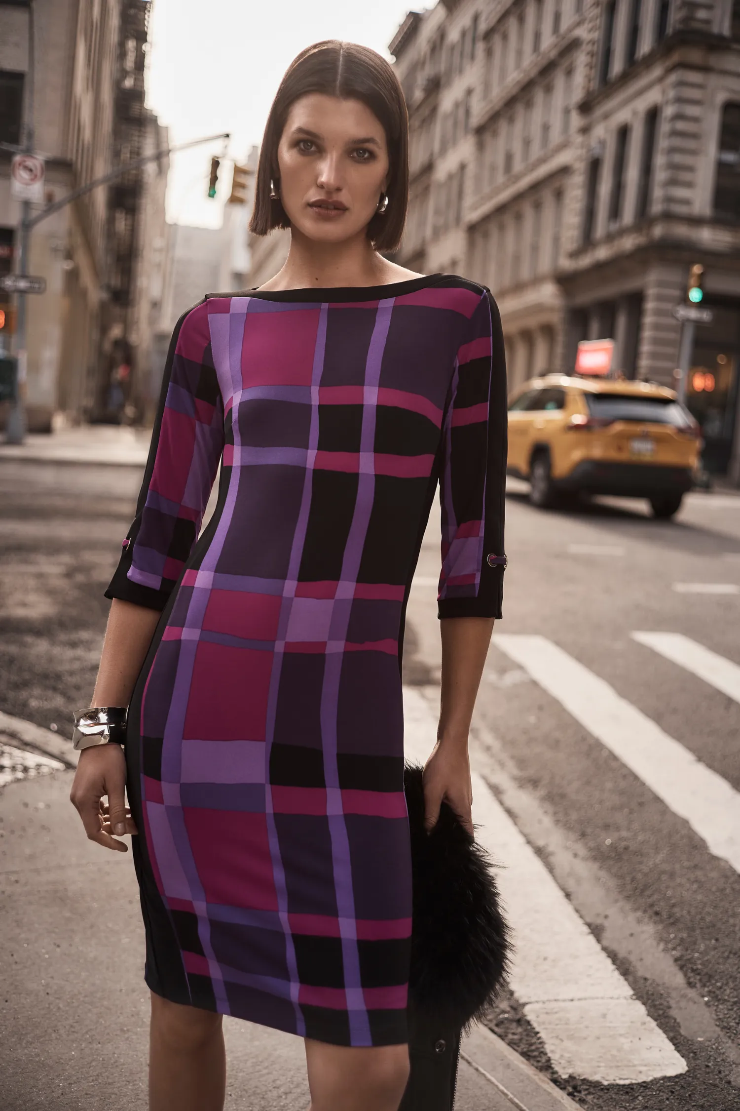 Joseph Ribkoff Silky Knit Plaid Sheath Dress - Style 243301