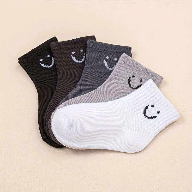 Kids Trendy Cartoon Smile Crew Socks 5 Pairs All Seasons