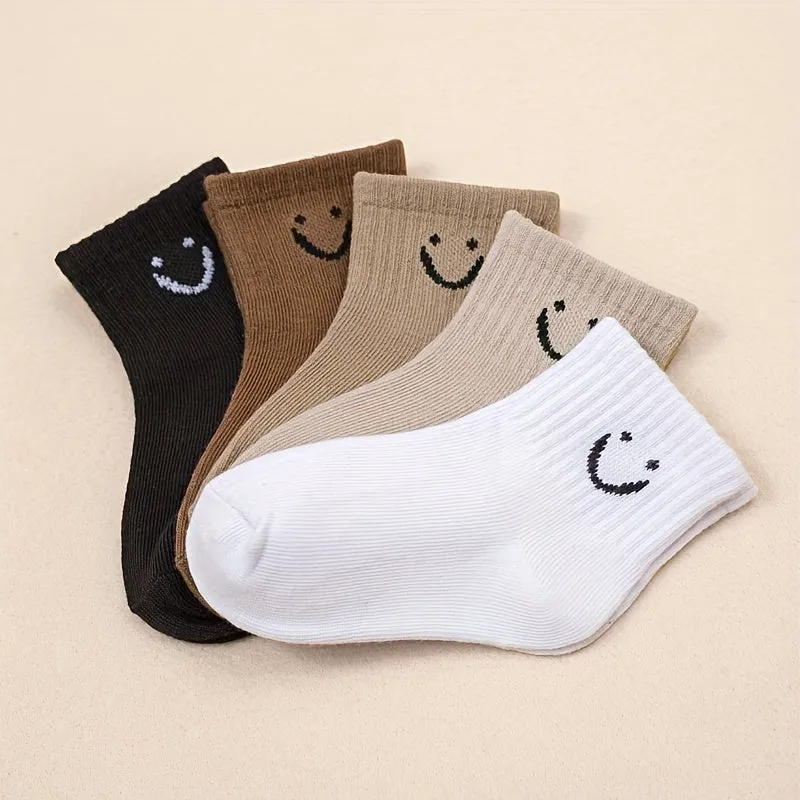 Kids Trendy Cartoon Smile Crew Socks 5 Pairs All Seasons