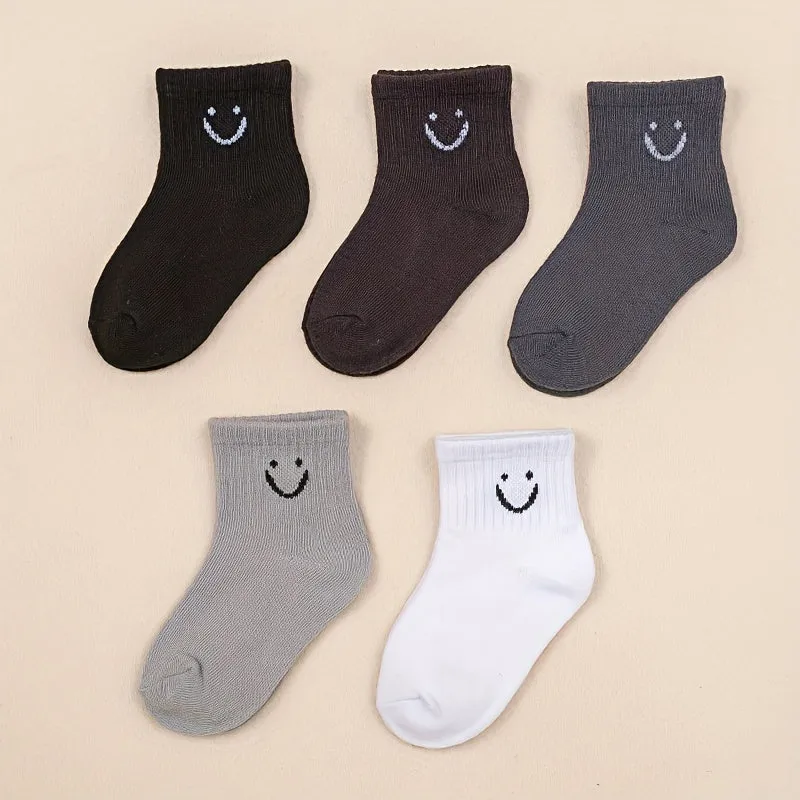 Kids Trendy Cartoon Smile Crew Socks 5 Pairs All Seasons