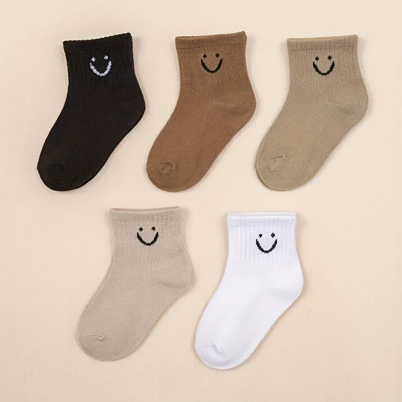 Kids Trendy Cartoon Smile Crew Socks 5 Pairs All Seasons