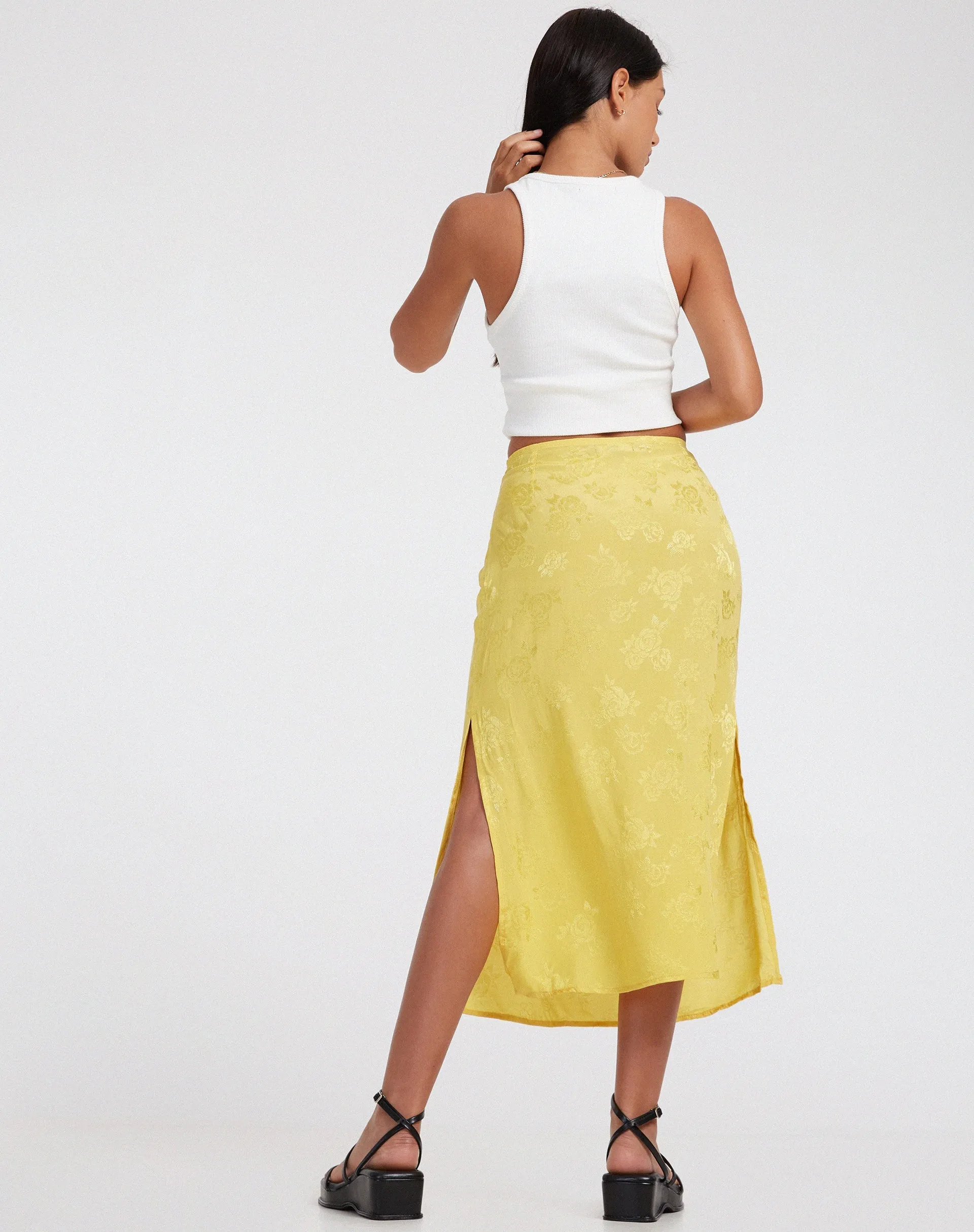 Kindra Midi Skirt in Satin Rose Sunshine Yellow