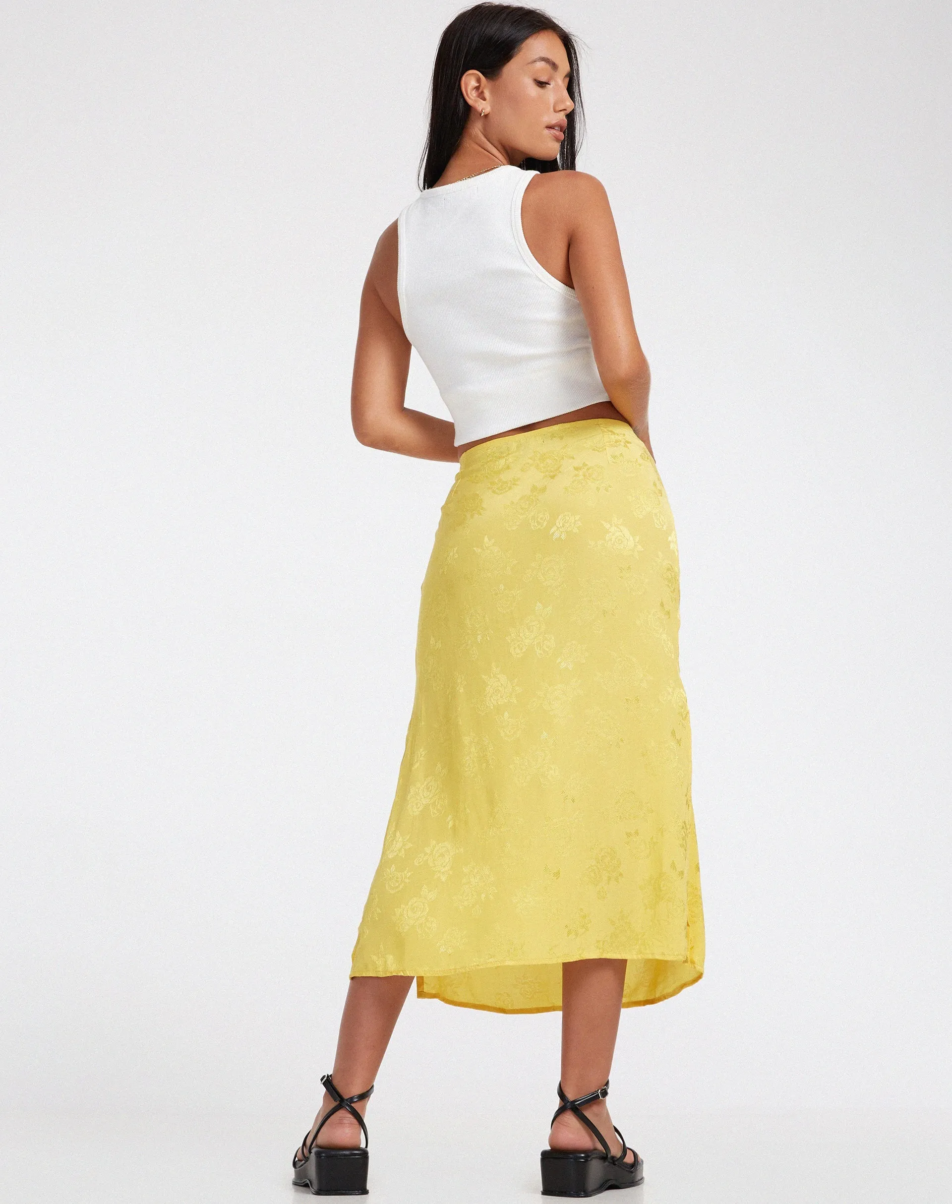 Kindra Midi Skirt in Satin Rose Sunshine Yellow