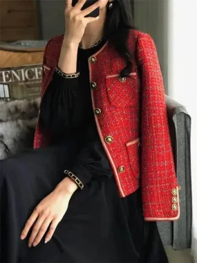 Korean Elegant Women's Coat New Autumn/Winter Sweet Casual Loose O-neck Single Breasted Suit Coat Red Tweed Blazer Women