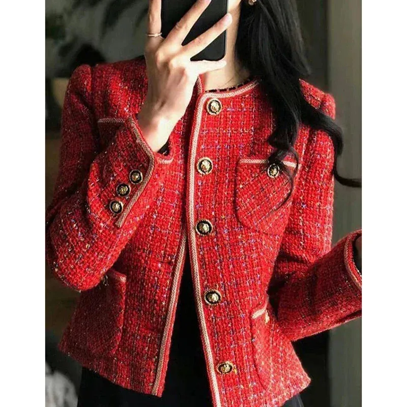 Korean Elegant Women's Coat New Autumn/Winter Sweet Casual Loose O-neck Single Breasted Suit Coat Red Tweed Blazer Women