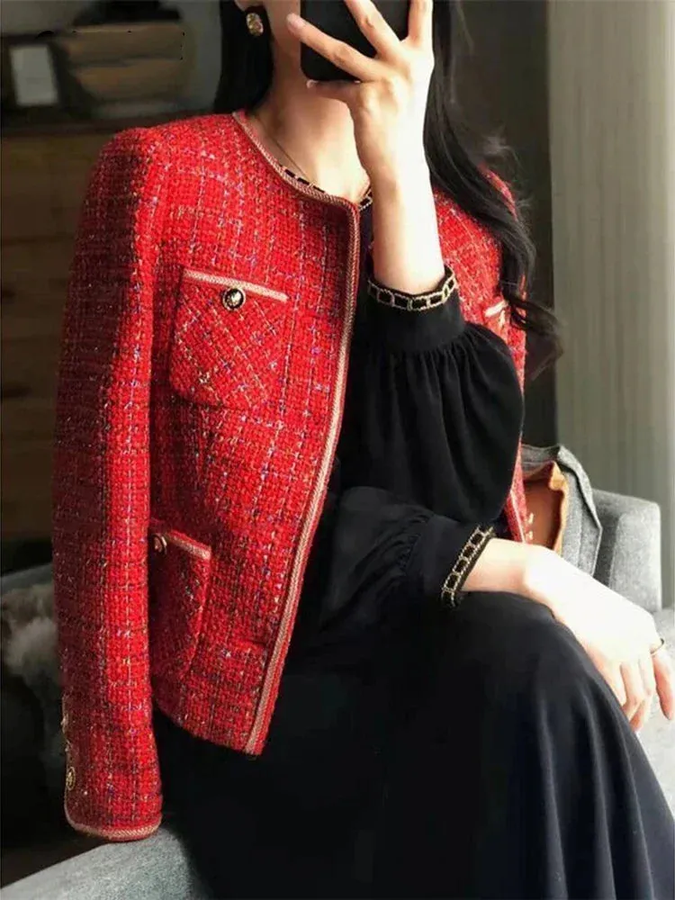 Korean Elegant Women's Coat New Autumn/Winter Sweet Casual Loose O-neck Single Breasted Suit Coat Red Tweed Blazer Women