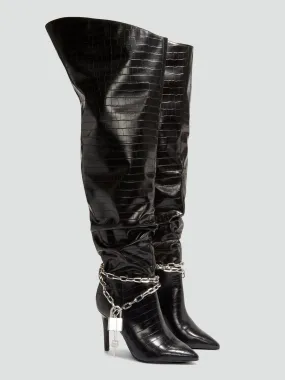 Labradorite Thigh-High Faux Croc Leather Boots - Nadia x FTF