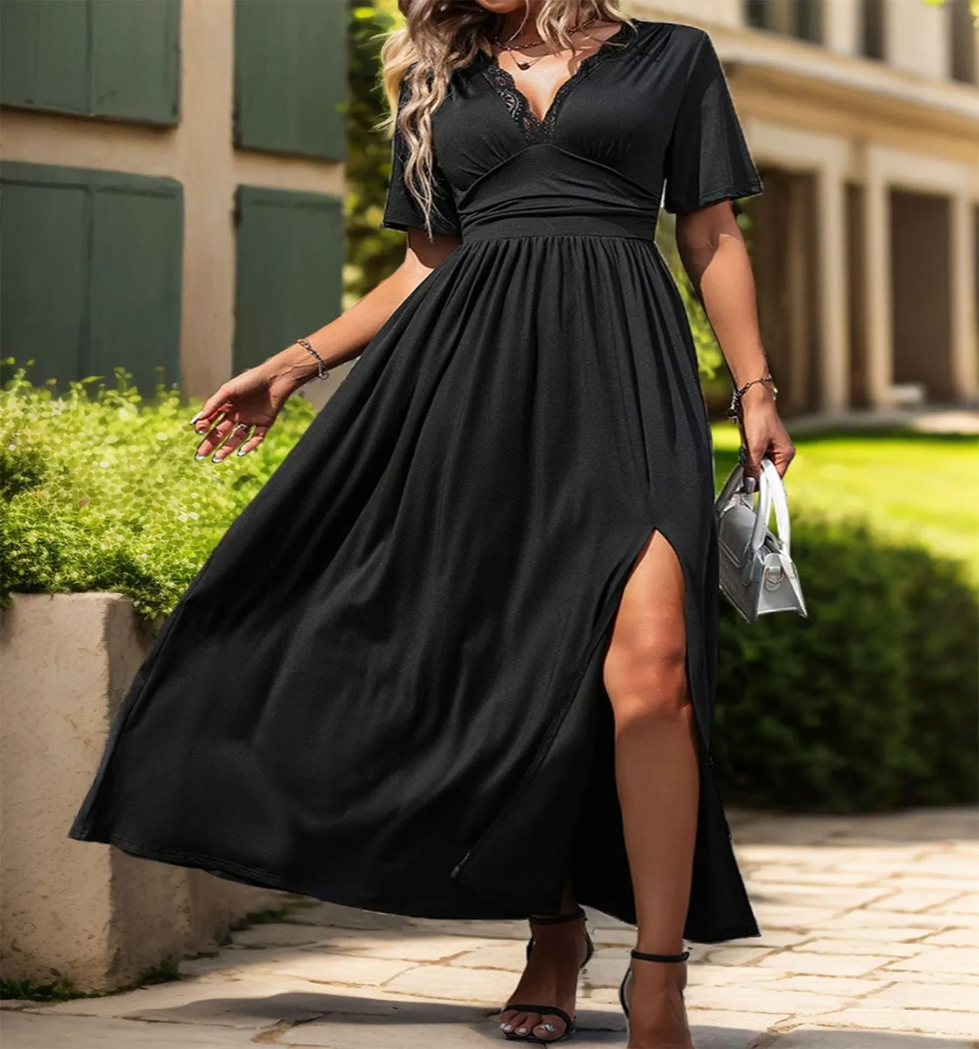 Lace Detail Slit V-Neck Short Sleeve Dress