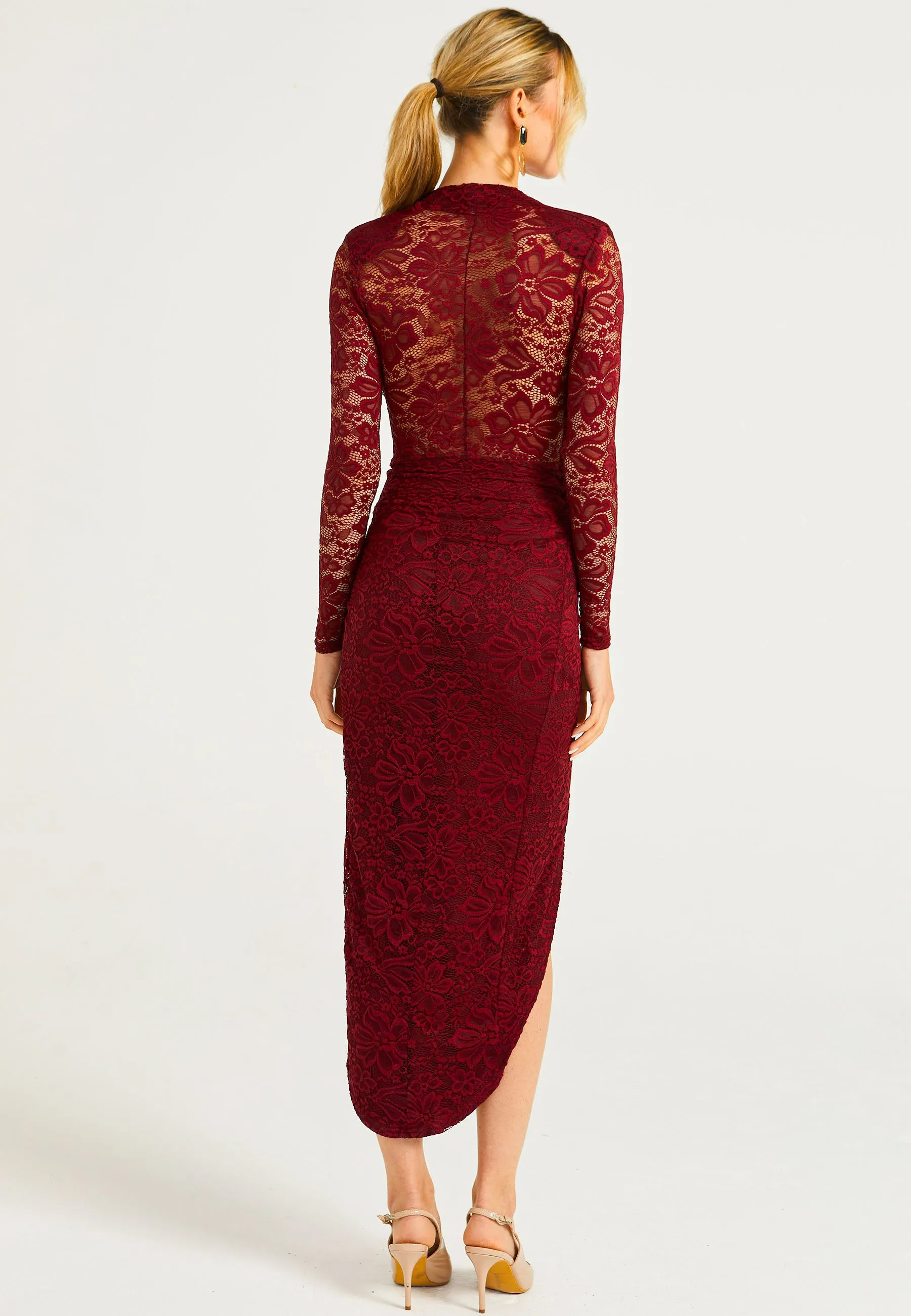 Lace Plunge Neck Faux Wrap Midi Dress in Burgundy