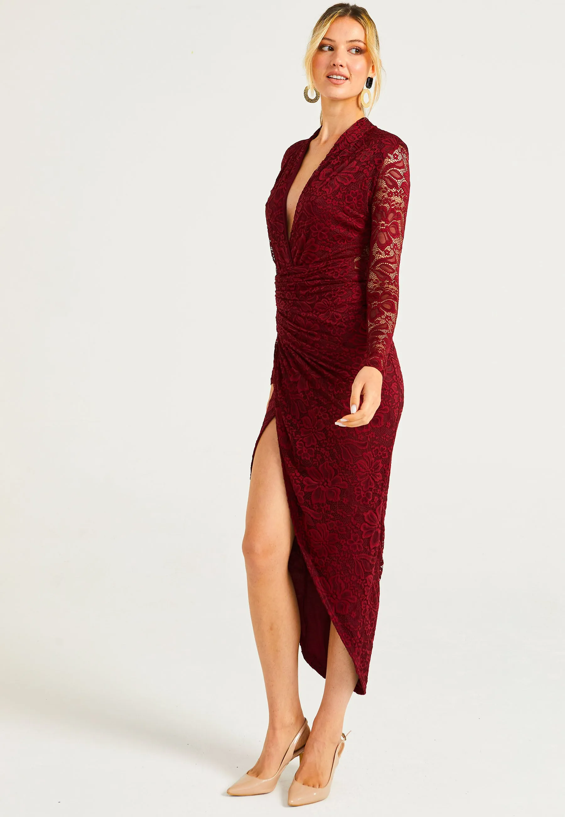 Lace Plunge Neck Faux Wrap Midi Dress in Burgundy