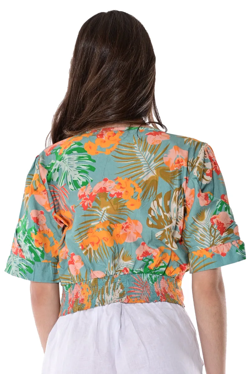 Ladies Cross-over V-neck Top w/Floral Print- LRB1712