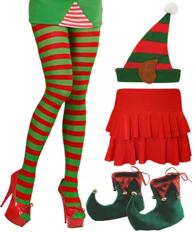 Ladies Santa Helper Elf Tights Rara Skirt Hat Shoes Christmas 4 Pc Fancy Dress