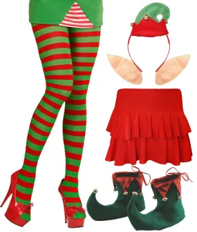 Ladies Santa Helper Elf Tights Rara Skirt Shoes Headbopper Xmas Fancy Dress