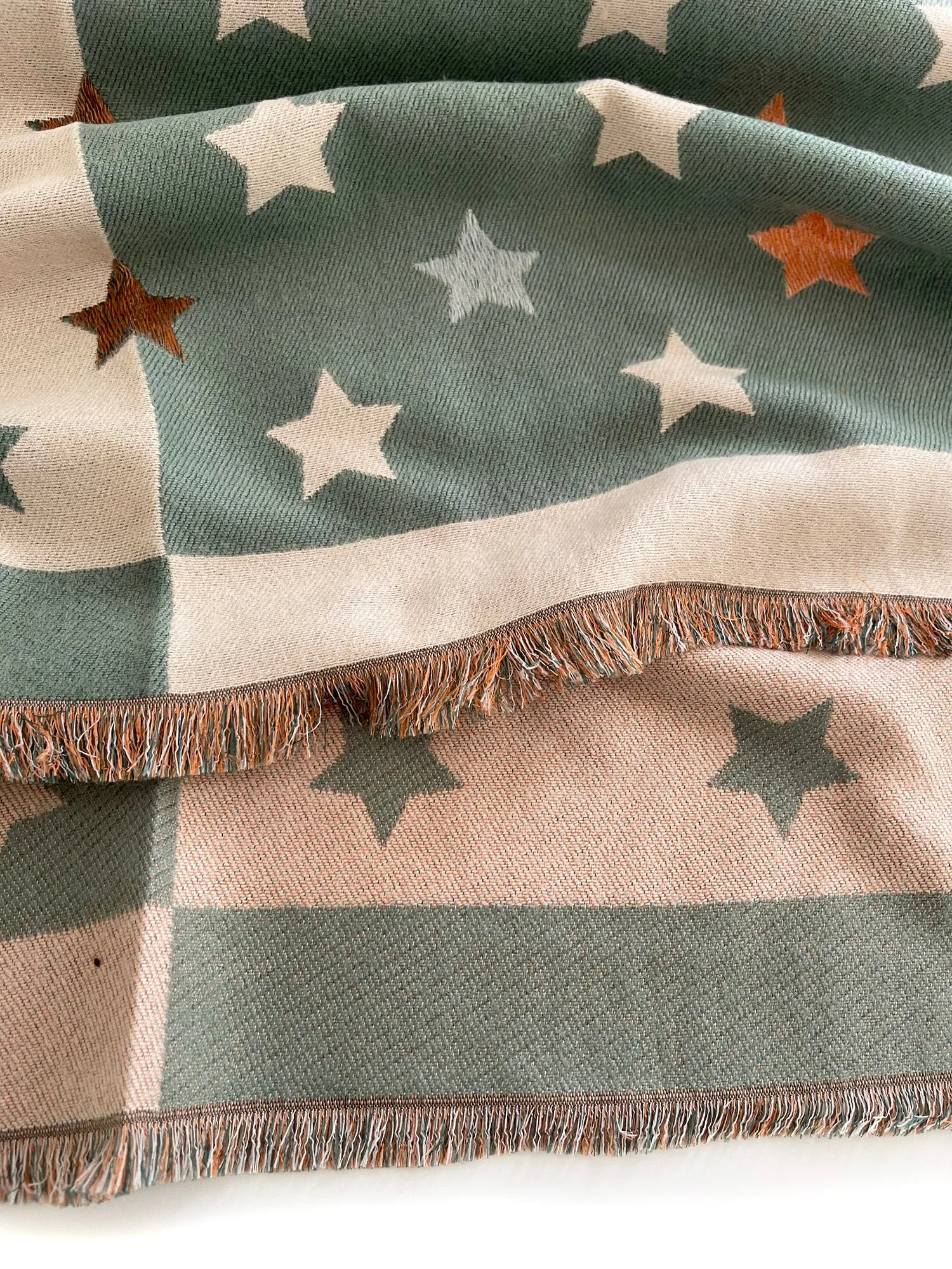 LARGE GREEN WOOL STAR PRINT REVERSIBLE WINTER SHAWL BLANKET SCARF