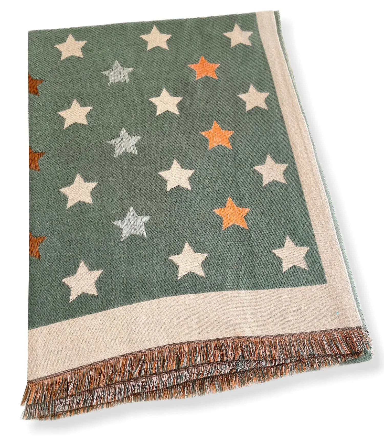 LARGE GREEN WOOL STAR PRINT REVERSIBLE WINTER SHAWL BLANKET SCARF