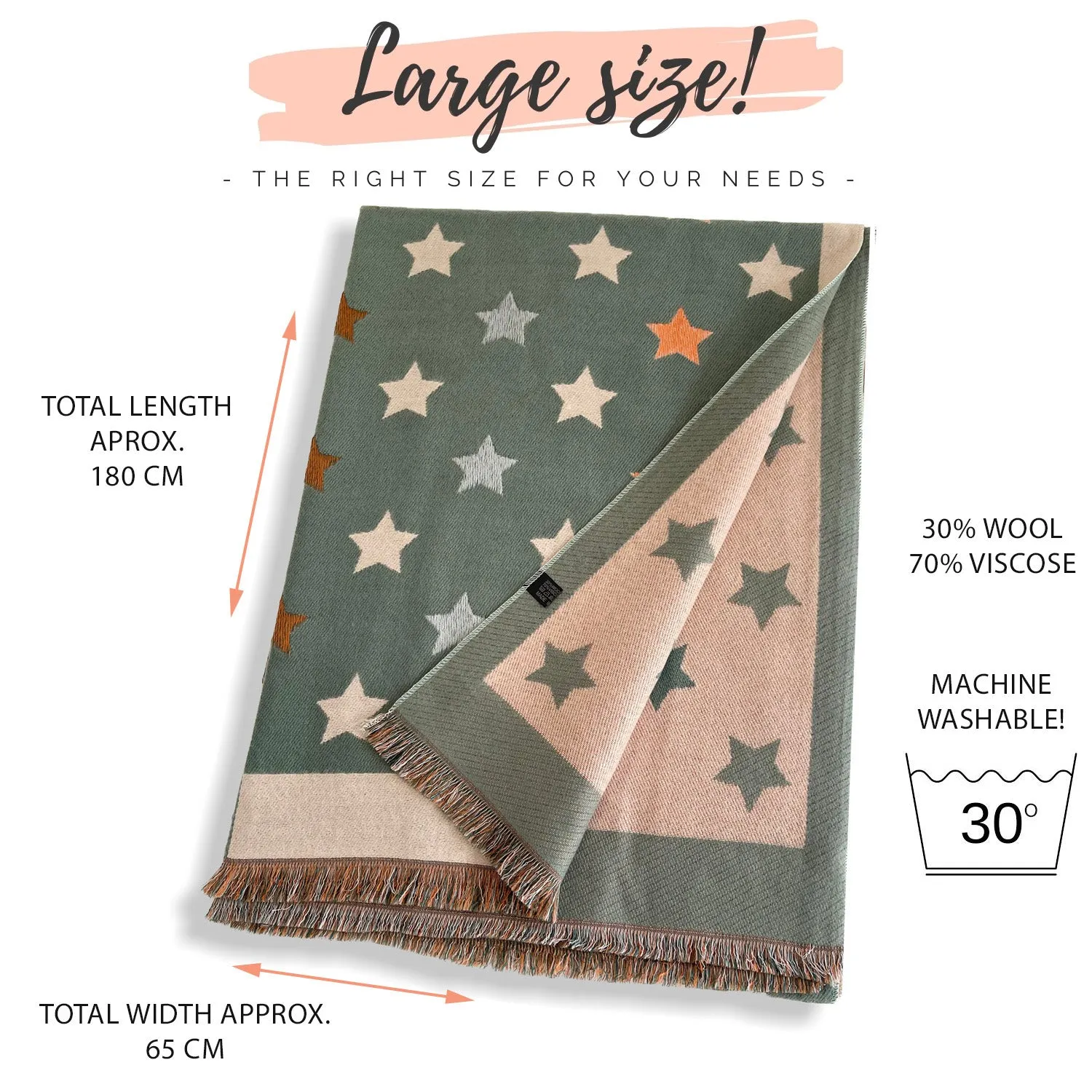 LARGE GREEN WOOL STAR PRINT REVERSIBLE WINTER SHAWL BLANKET SCARF