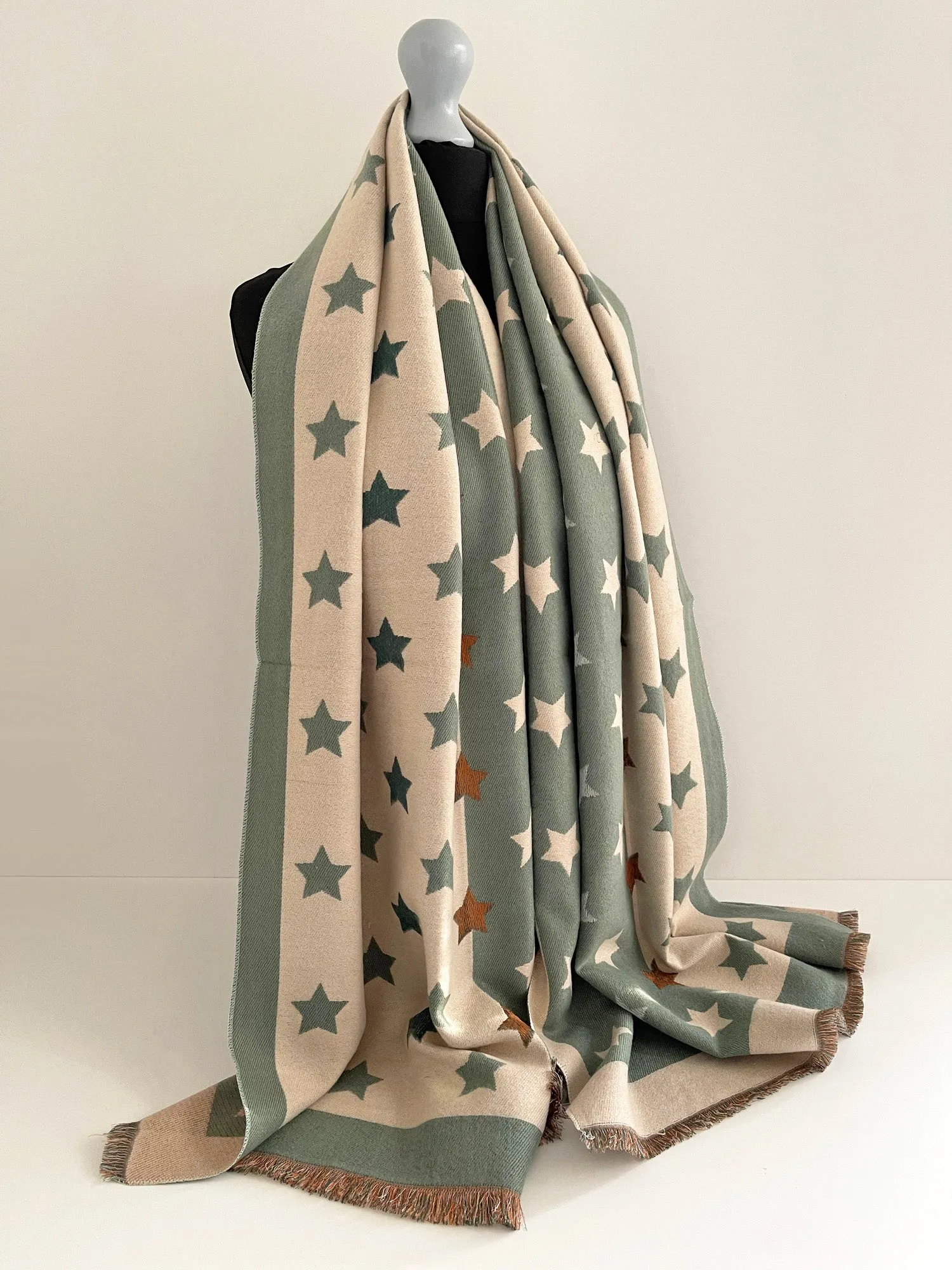 LARGE GREEN WOOL STAR PRINT REVERSIBLE WINTER SHAWL BLANKET SCARF