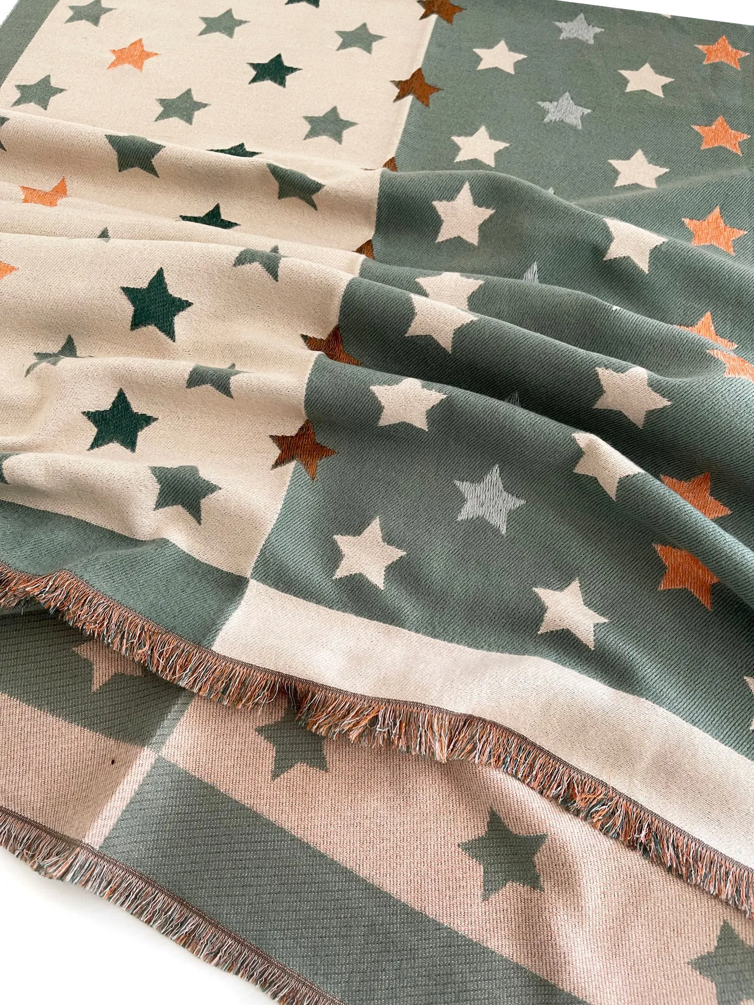 LARGE GREEN WOOL STAR PRINT REVERSIBLE WINTER SHAWL BLANKET SCARF