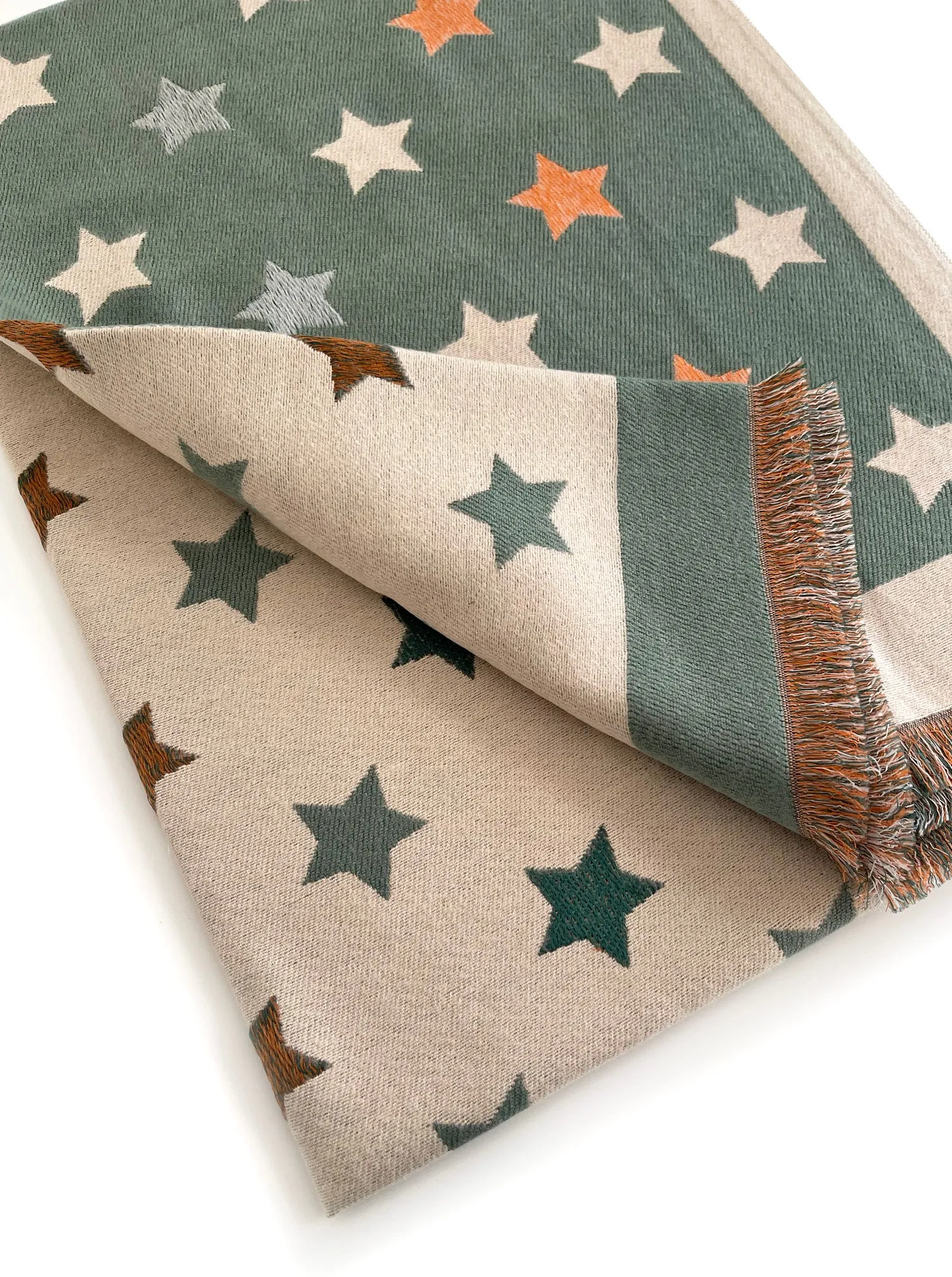 LARGE GREEN WOOL STAR PRINT REVERSIBLE WINTER SHAWL BLANKET SCARF