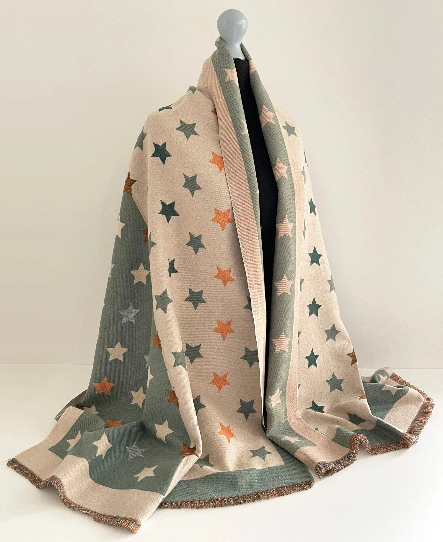 LARGE GREEN WOOL STAR PRINT REVERSIBLE WINTER SHAWL BLANKET SCARF