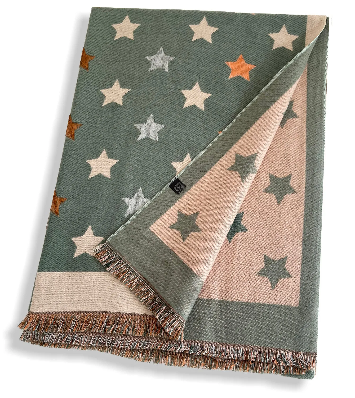 LARGE GREEN WOOL STAR PRINT REVERSIBLE WINTER SHAWL BLANKET SCARF