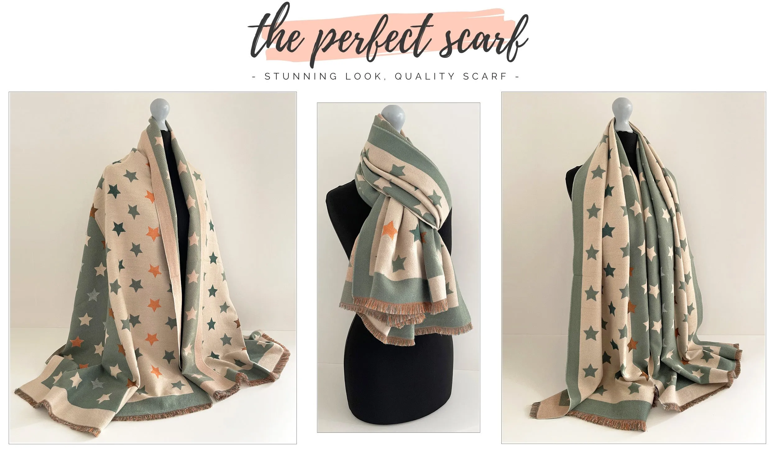 LARGE GREEN WOOL STAR PRINT REVERSIBLE WINTER SHAWL BLANKET SCARF