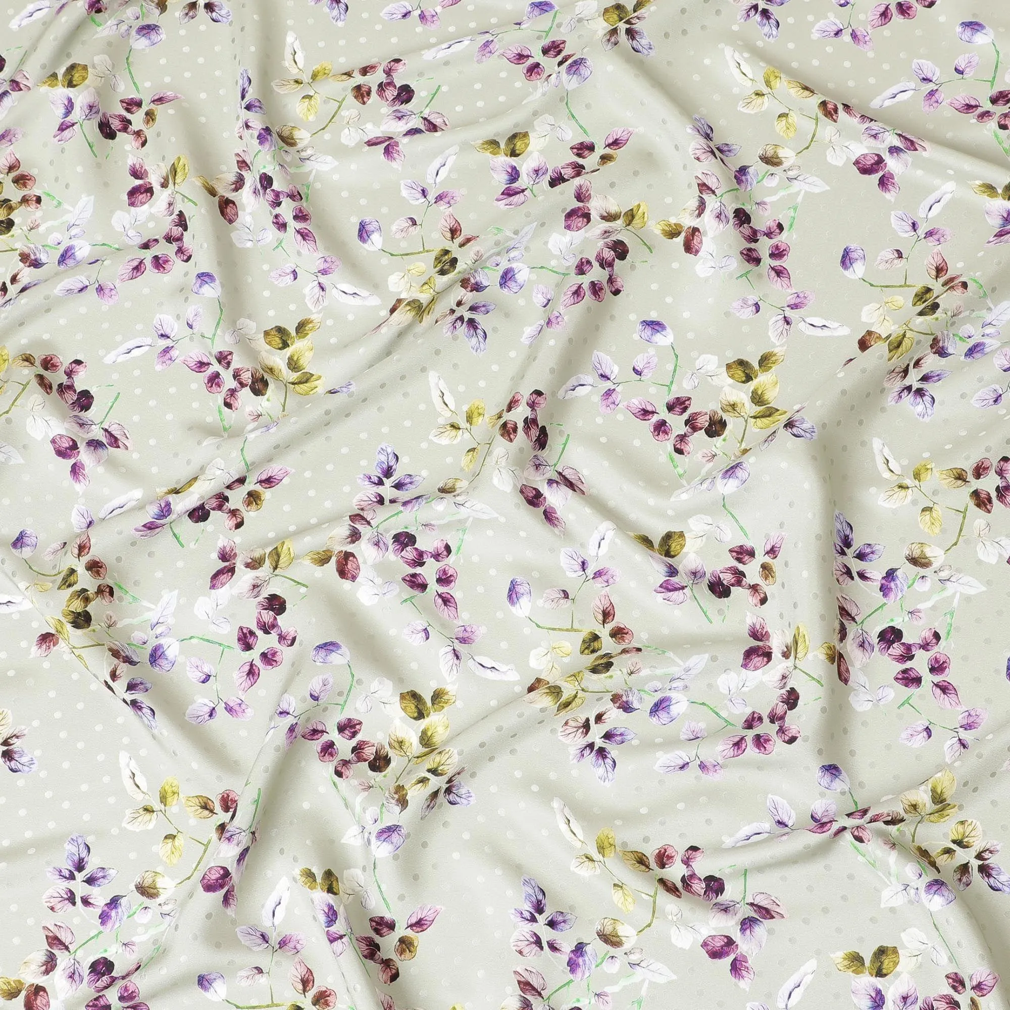 Laurel green Italian premium pure silk satin with same tone dot jacquard having multicolor print in floral design-D9722