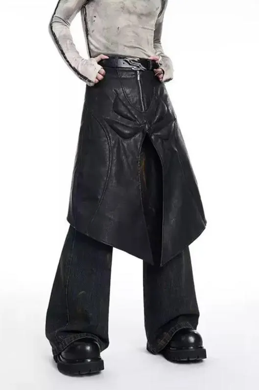 Layered Faux Leather Skirt Pants