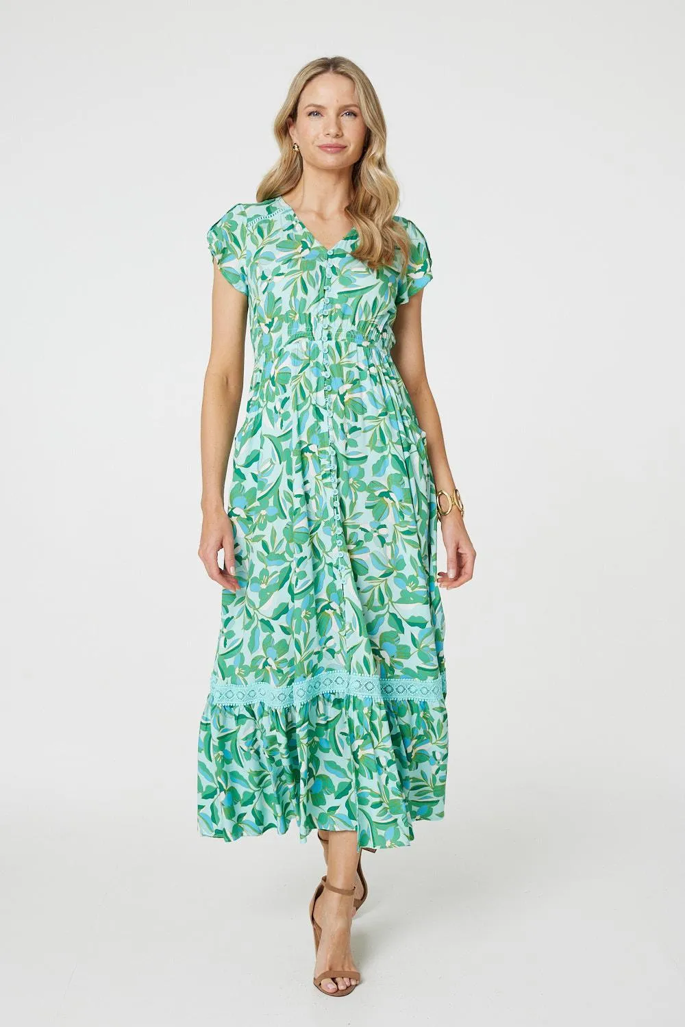 Leaf Print Lace Trim Maxi Dress