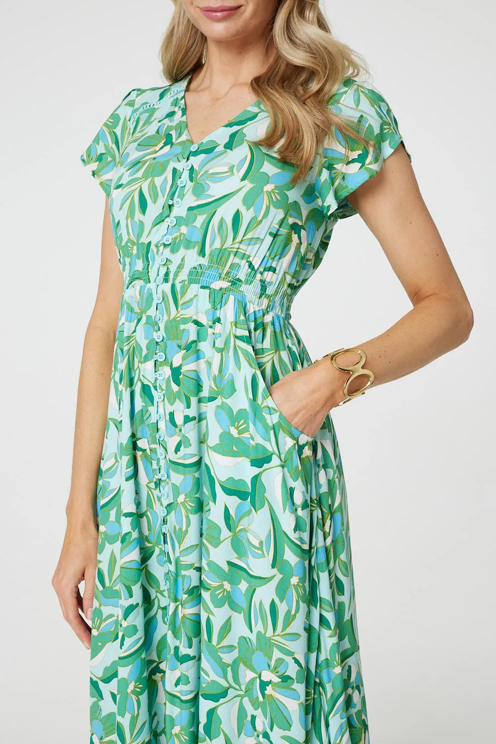 Leaf Print Lace Trim Maxi Dress