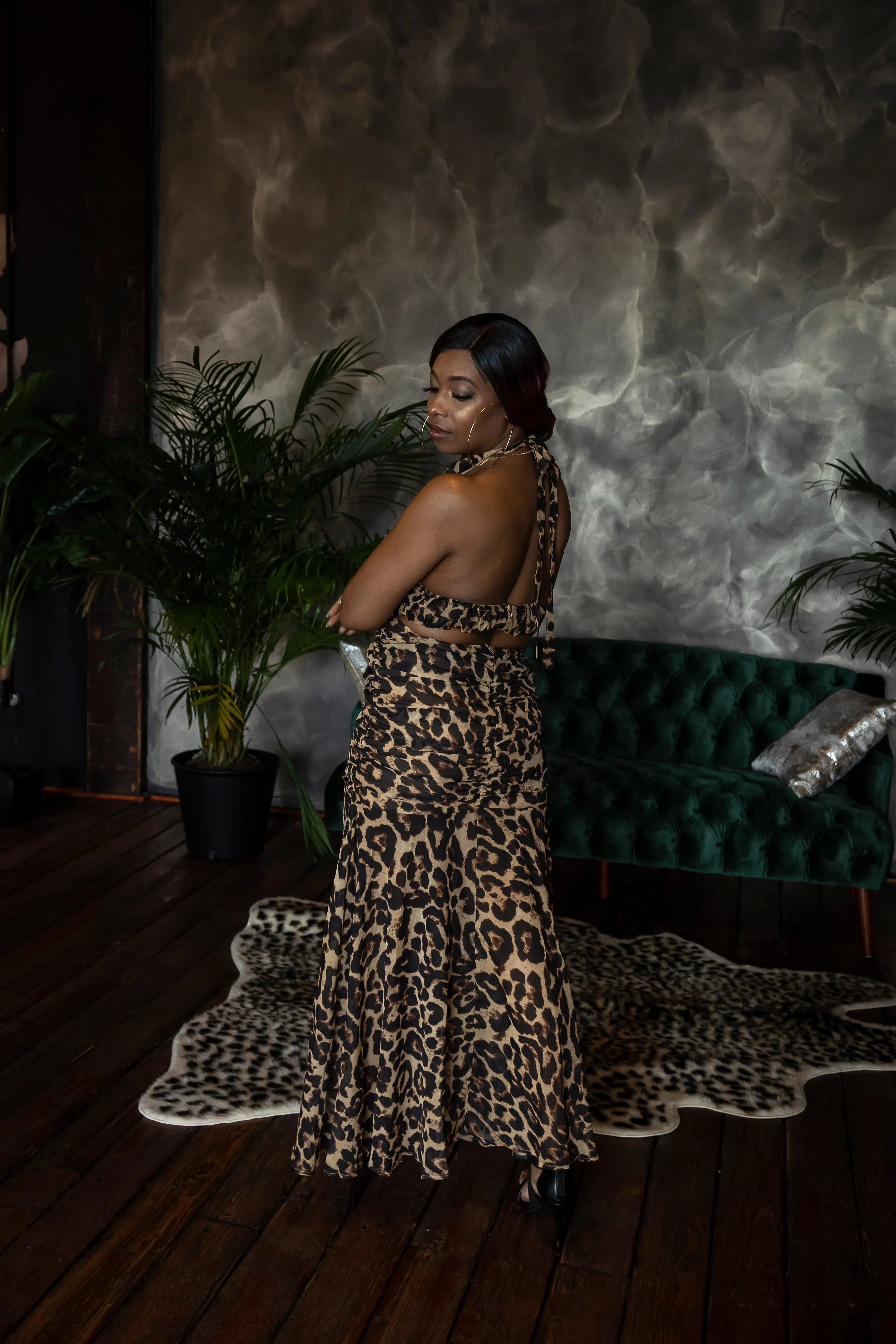 Leopard Print Halter Crop Top and Ruched Skirt Set