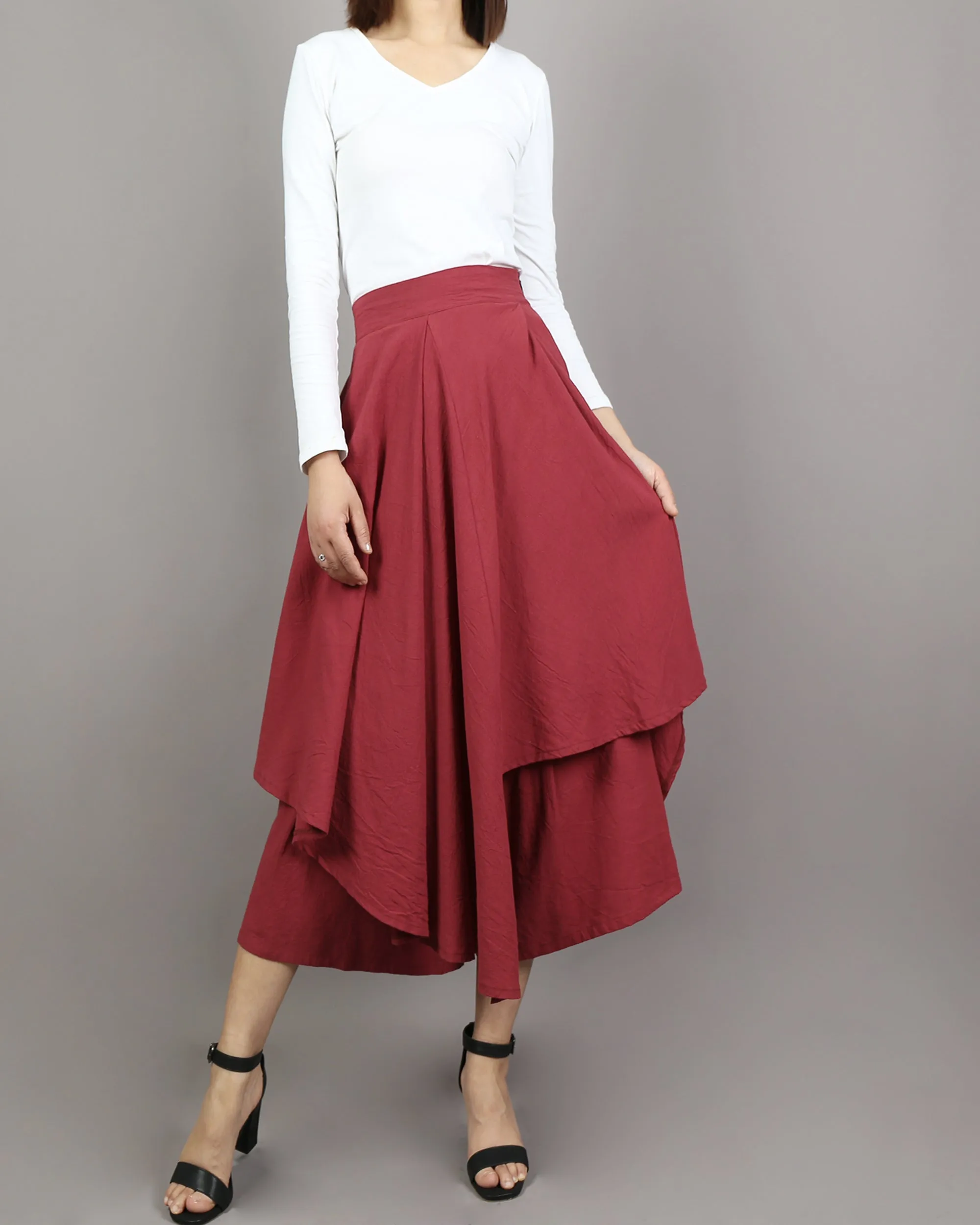 Linen skirt pants/wide leg pants/Cropped pants/Asymmetrical skirt pants/Elastic waist pants/A-line skirt pants/orange skirt/layered pants (K2135Y)