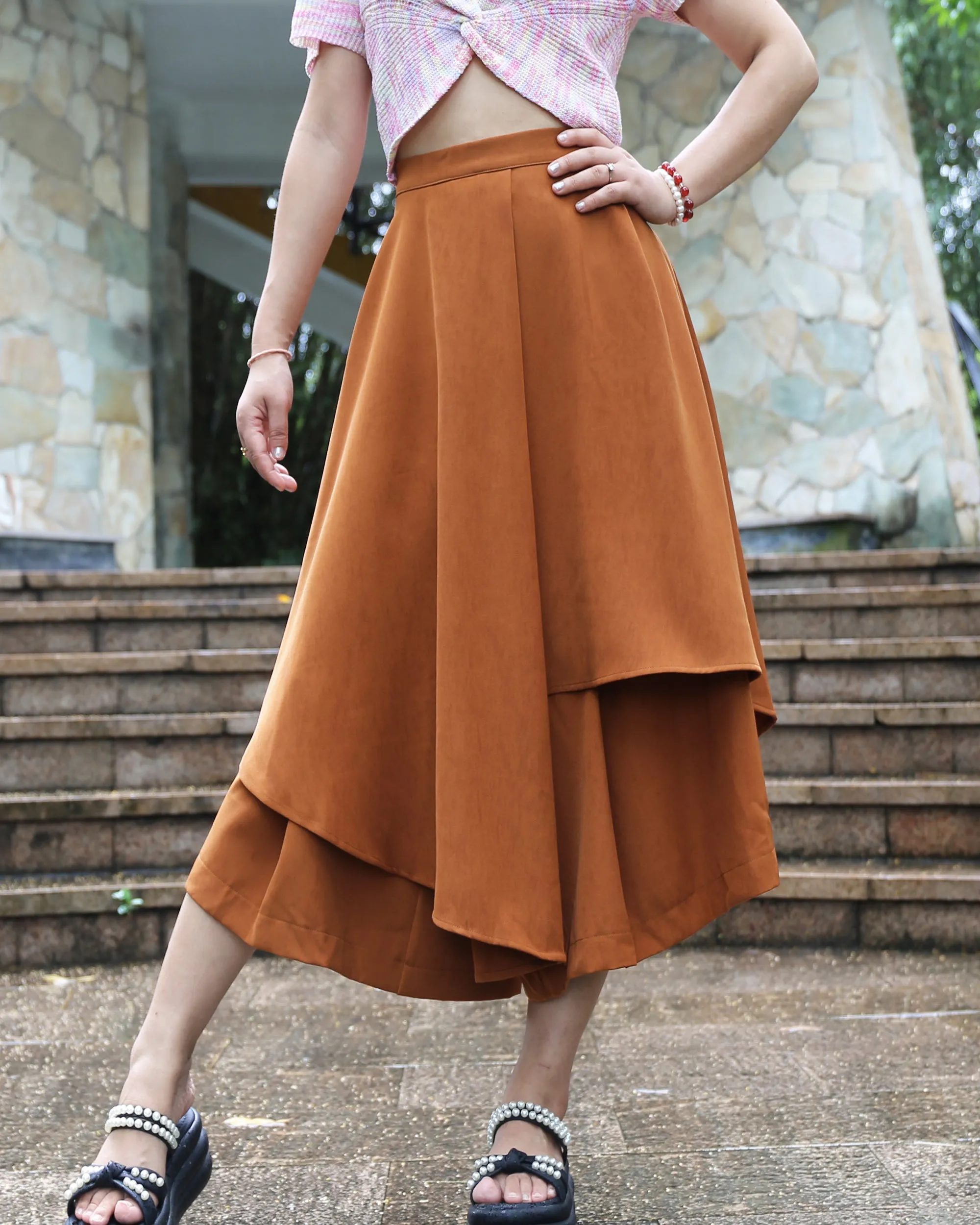 Linen skirt pants/wide leg pants/Cropped pants/Asymmetrical skirt pants/Elastic waist pants/A-line skirt pants/orange skirt/layered pants (K2135Y)