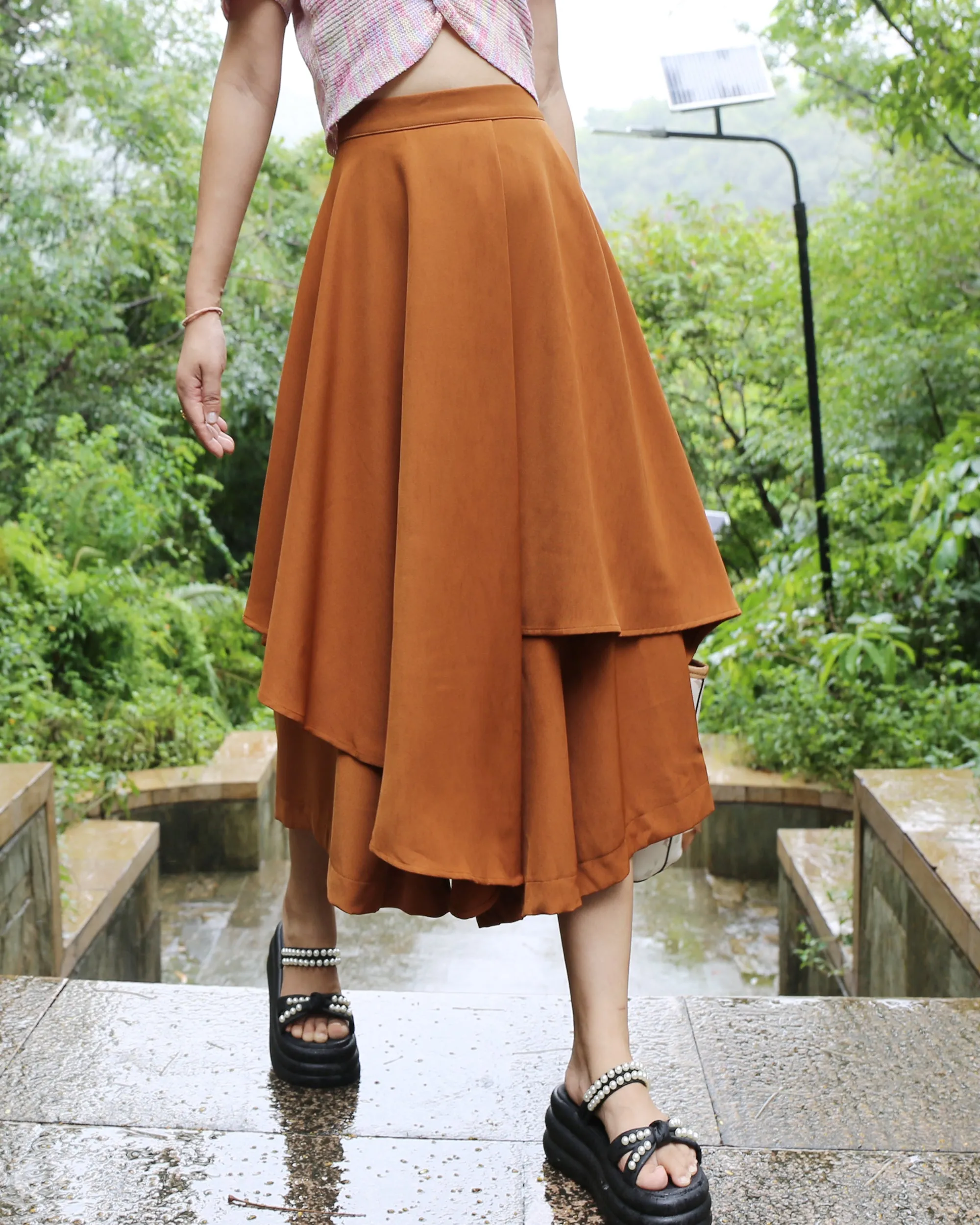 Linen skirt pants/wide leg pants/Cropped pants/Asymmetrical skirt pants/Elastic waist pants/A-line skirt pants/orange skirt/layered pants (K2135Y)