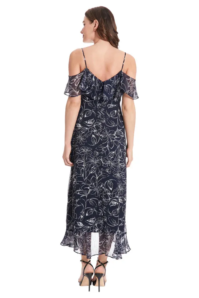 London Times Clod Shoulder Ruffle Wrap Dress | Navy/White