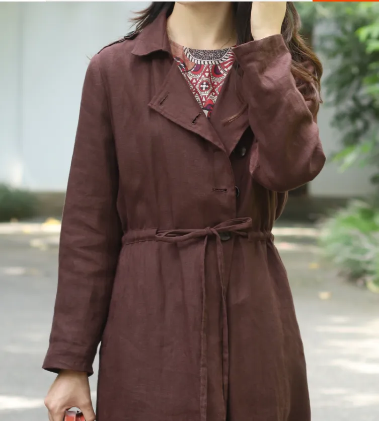 Long Sleeve Spring Fall Cardigan Women Coat , Spring Women Linen Trench Coat 9092