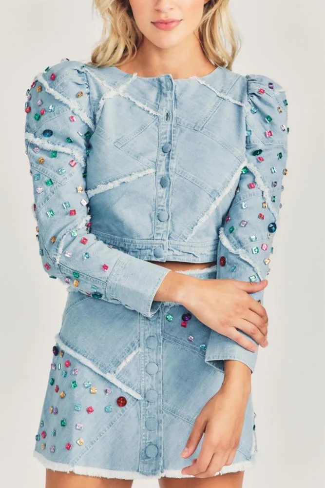 Love Shack Fancy - Eleora Crop Jacket in Washed Denim