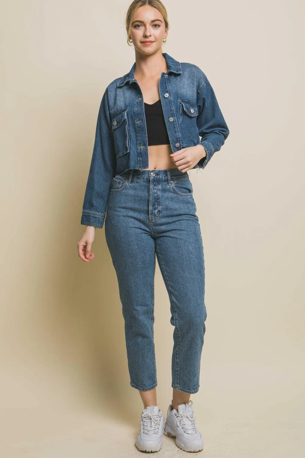 LOVE TREE Raw Hem Button Up Cropped Denim Jacket