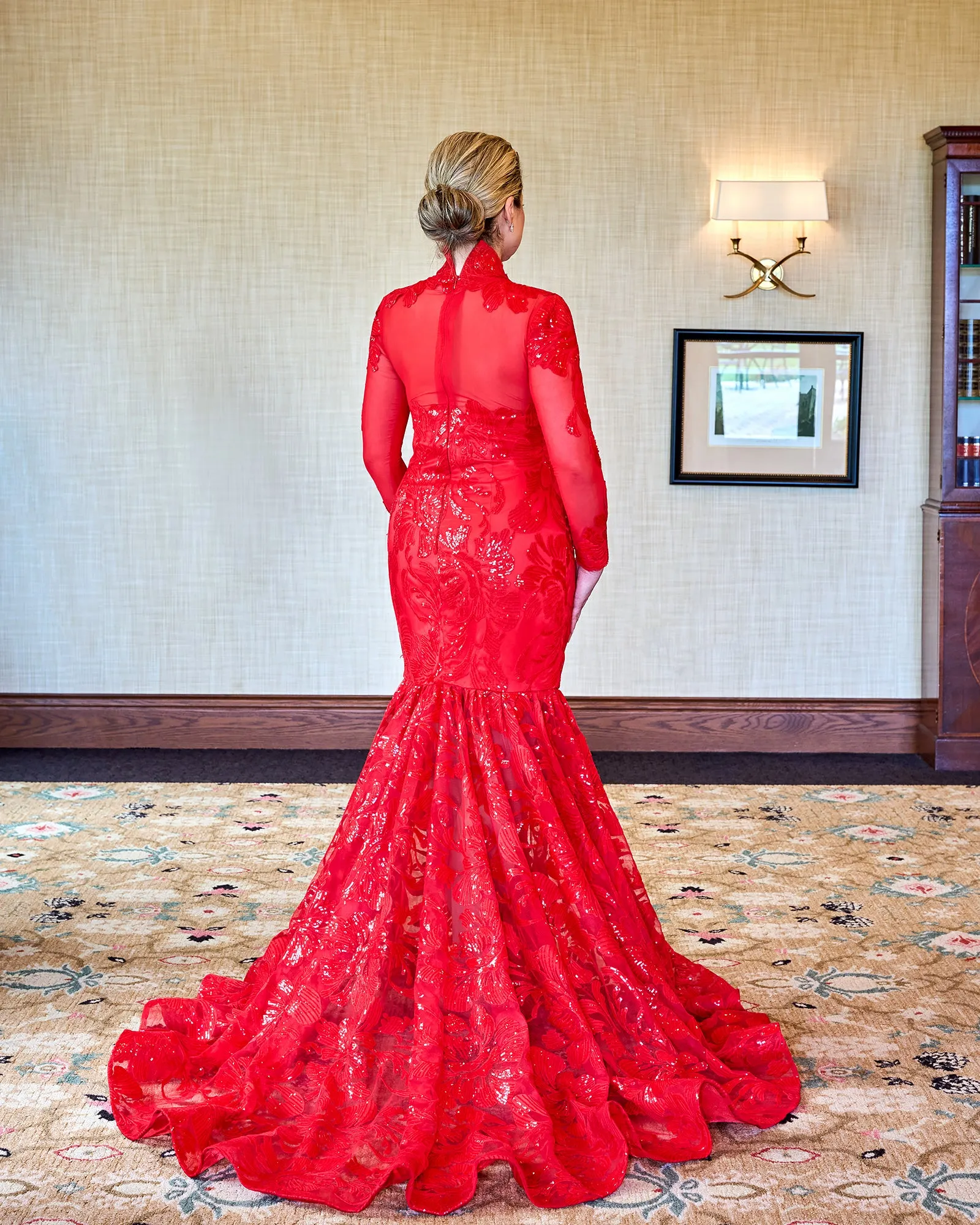 LOVINA Red Sequin Long Sleeve Mermaid Haute Couture Evening Gown