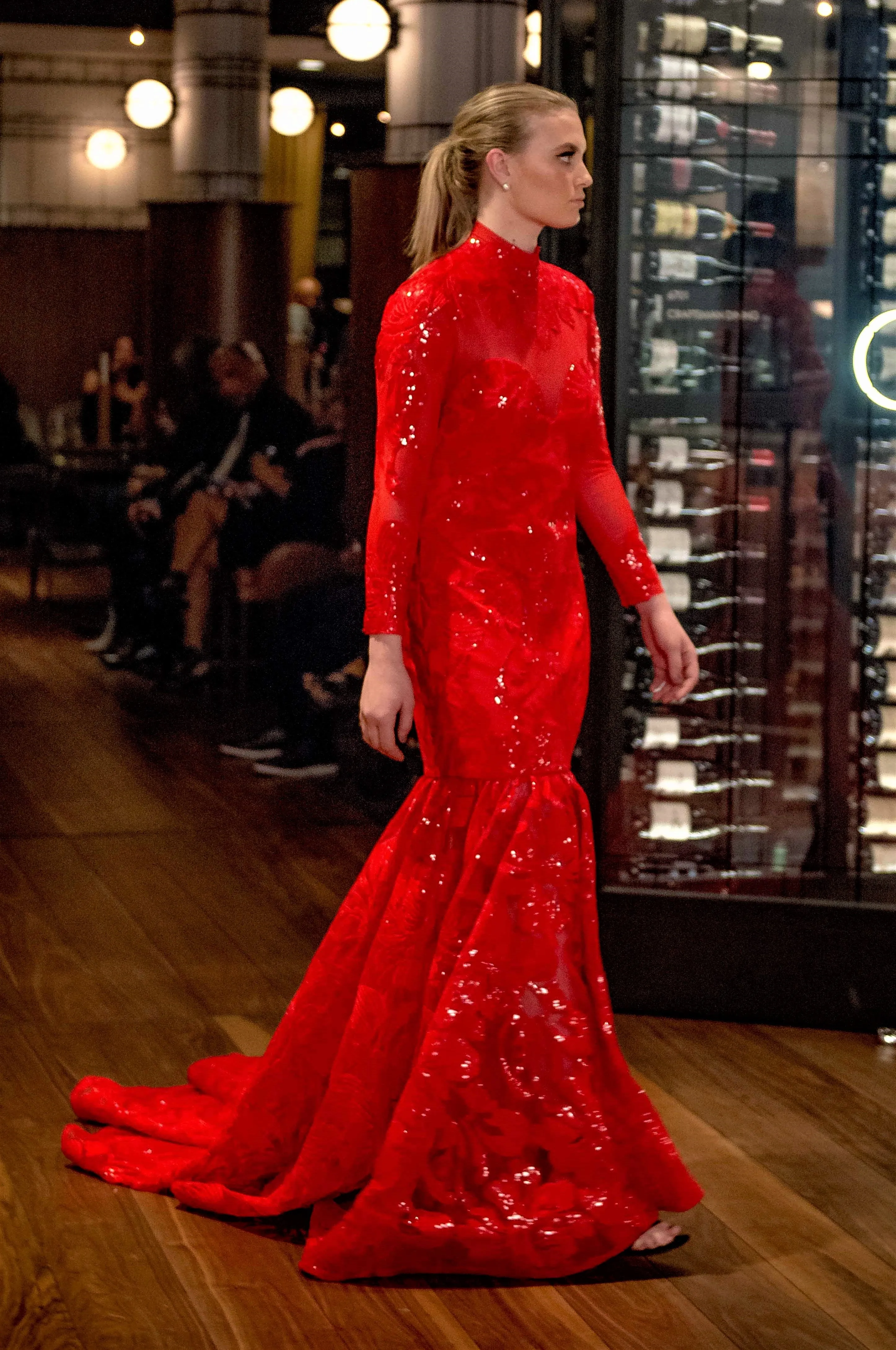 LOVINA Red Sequin Long Sleeve Mermaid Haute Couture Evening Gown